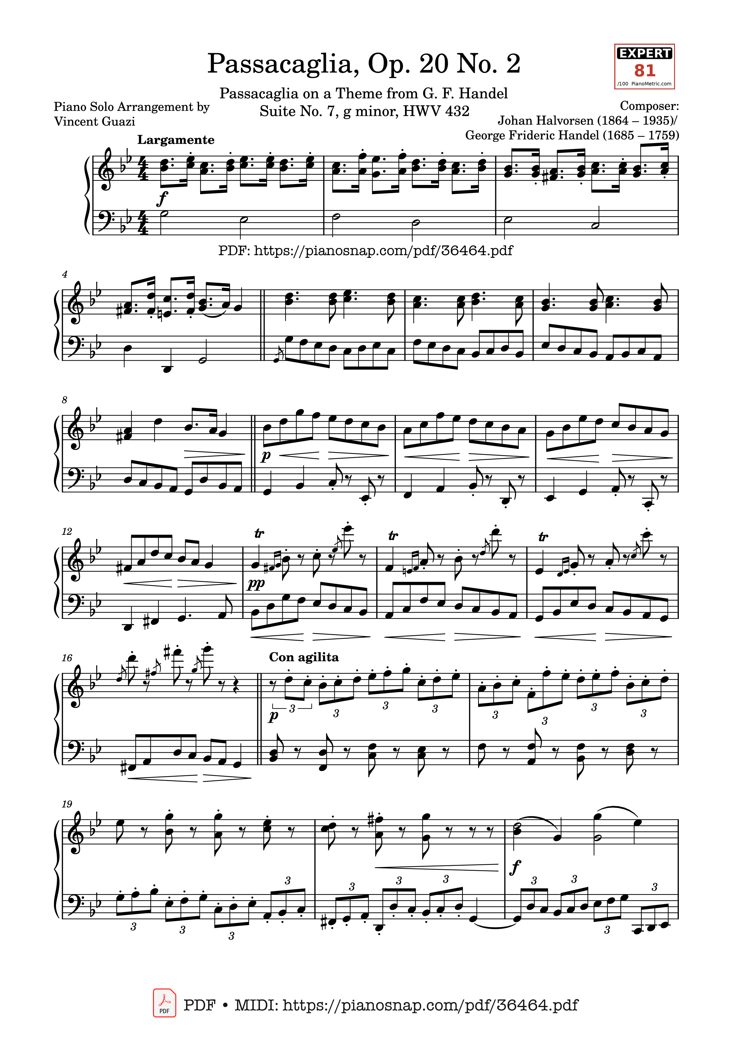 Page 1 of Sheet music PDF Piano Johan Halvorsen Passacaglia, Op. 20 No. 2 (Piano Solo) - Johan Halvorsen