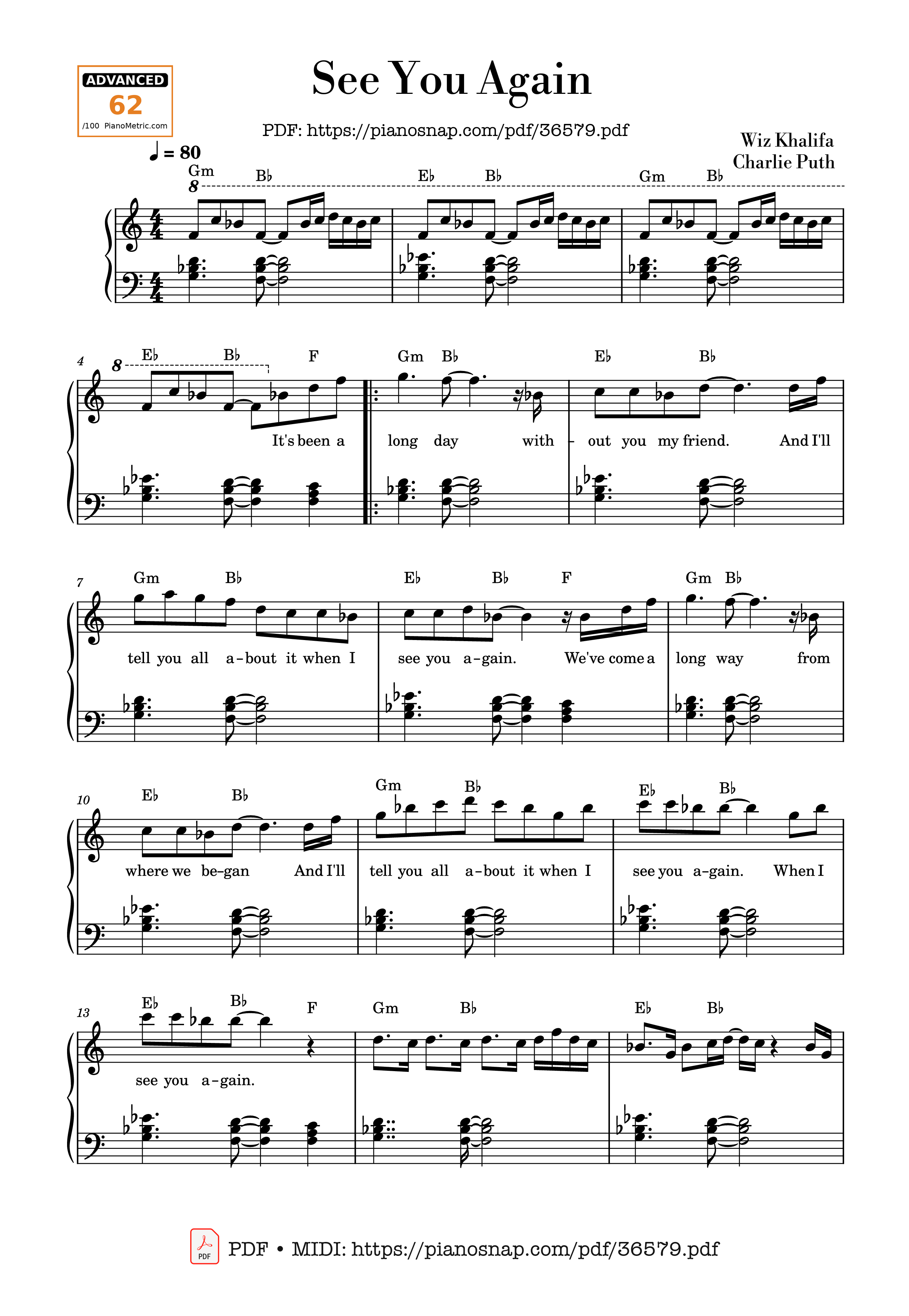 Page 1 of Sheet music PDF Piano See You Again (Solo Piano) - Wiz Khalifa
