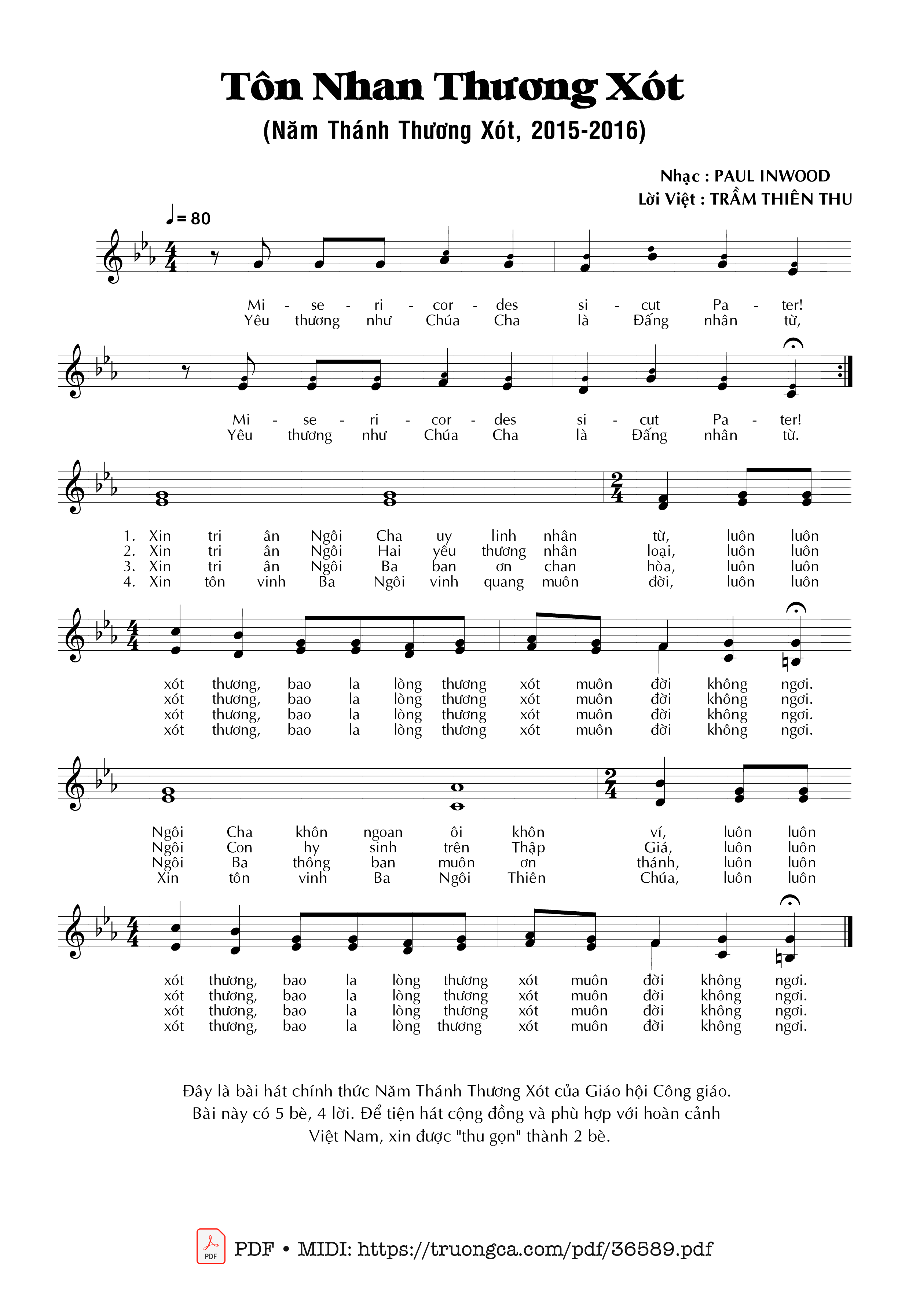 Page 1 of Sheet music PDF Tôn Nhan Thương Xót - Trầm Thiên Thu