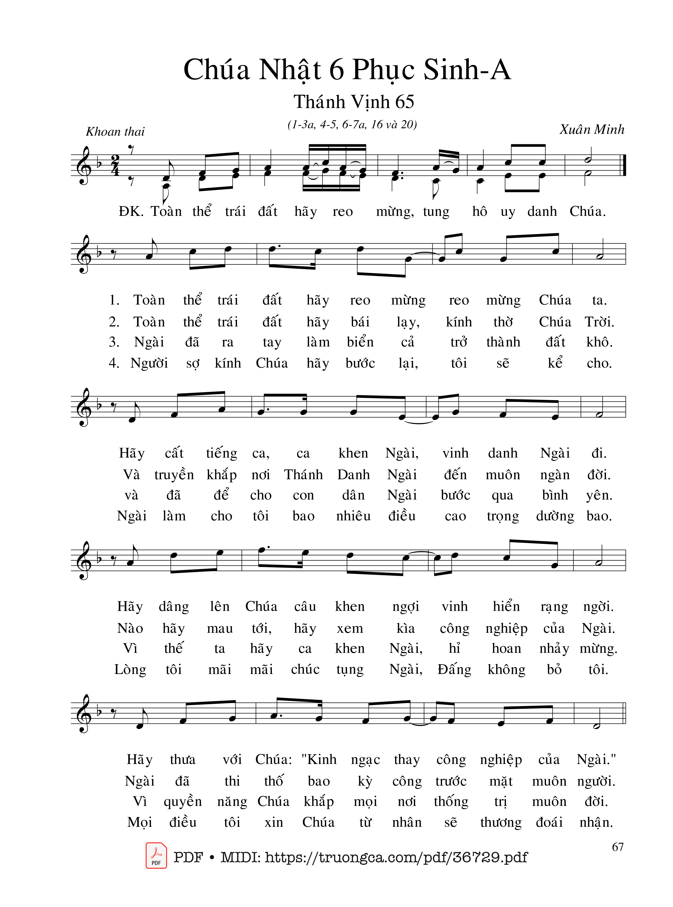 Page 1 of Sheet music PDF Thánh Vịnh 65, Chúa Nhật 6A Phục Sinh - Xuân Minh