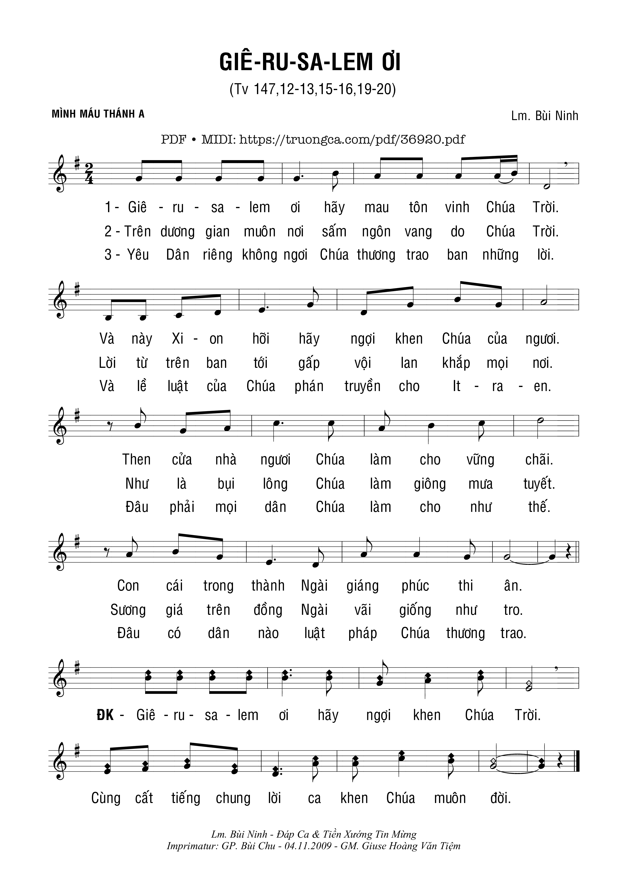 Page 1 of Sheet music PDF Thánh Vịnh 147, Giê-Ru-Sa-Lem Ơi - Bùi Ninh