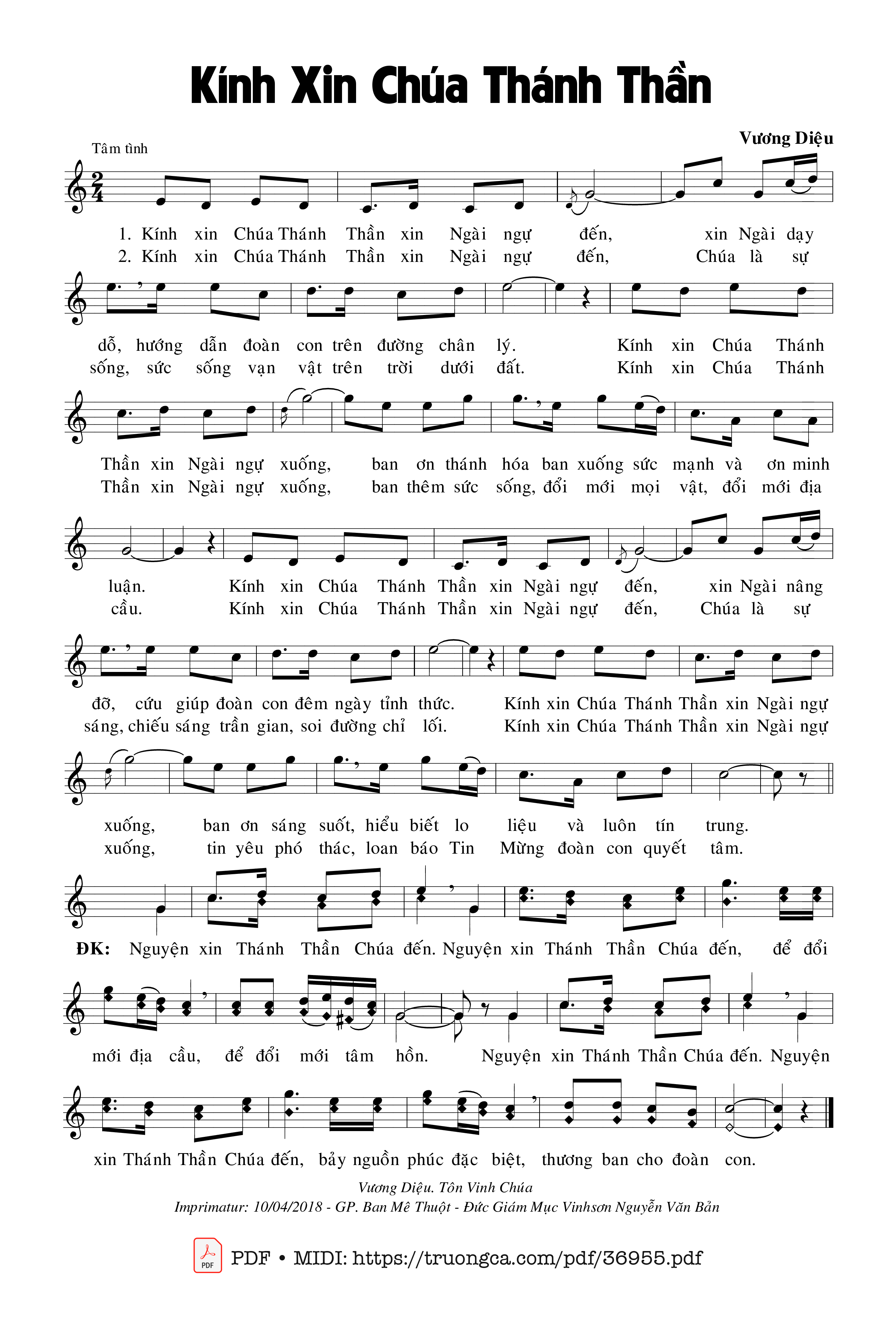 Page 1 of Sheet music PDF Kính Xin Chúa Thánh Thần - Vương Diệu