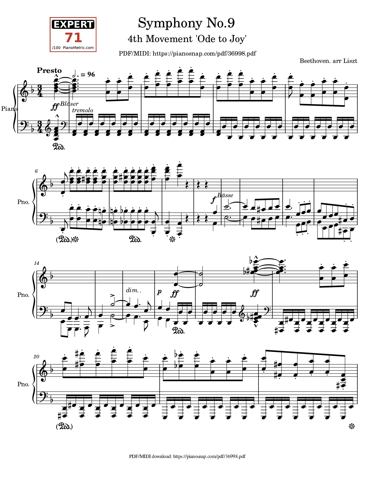 Page 1 of Sheet music PDF Piano Symphony no.9, 4th Movement, Ode to Joy Piano - Ludwig van Beethoven