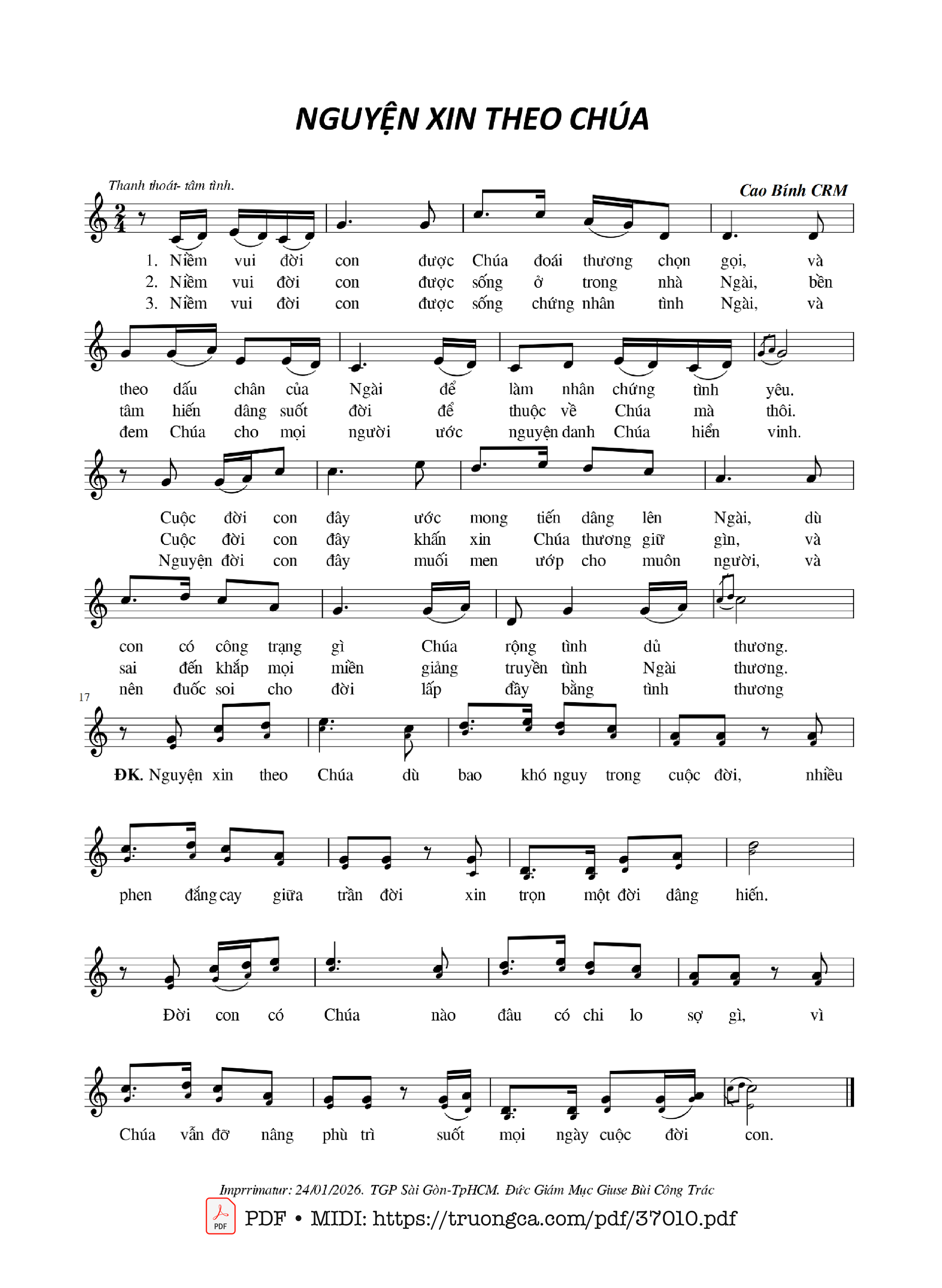 Page 1 of Sheet music PDF Nguyện Xin Theo Chúa - Cao Bính Crm