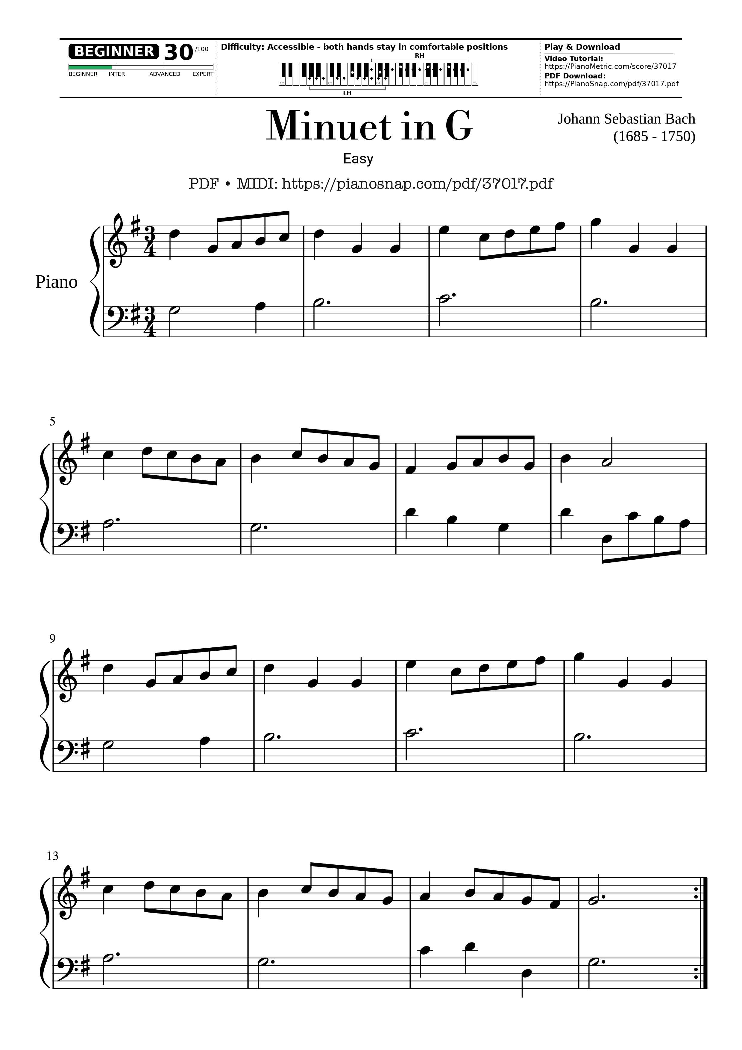 Page 1 of Sheet music PDF Piano Minuet in G - Easy Ending - Johann Sebastian Bach