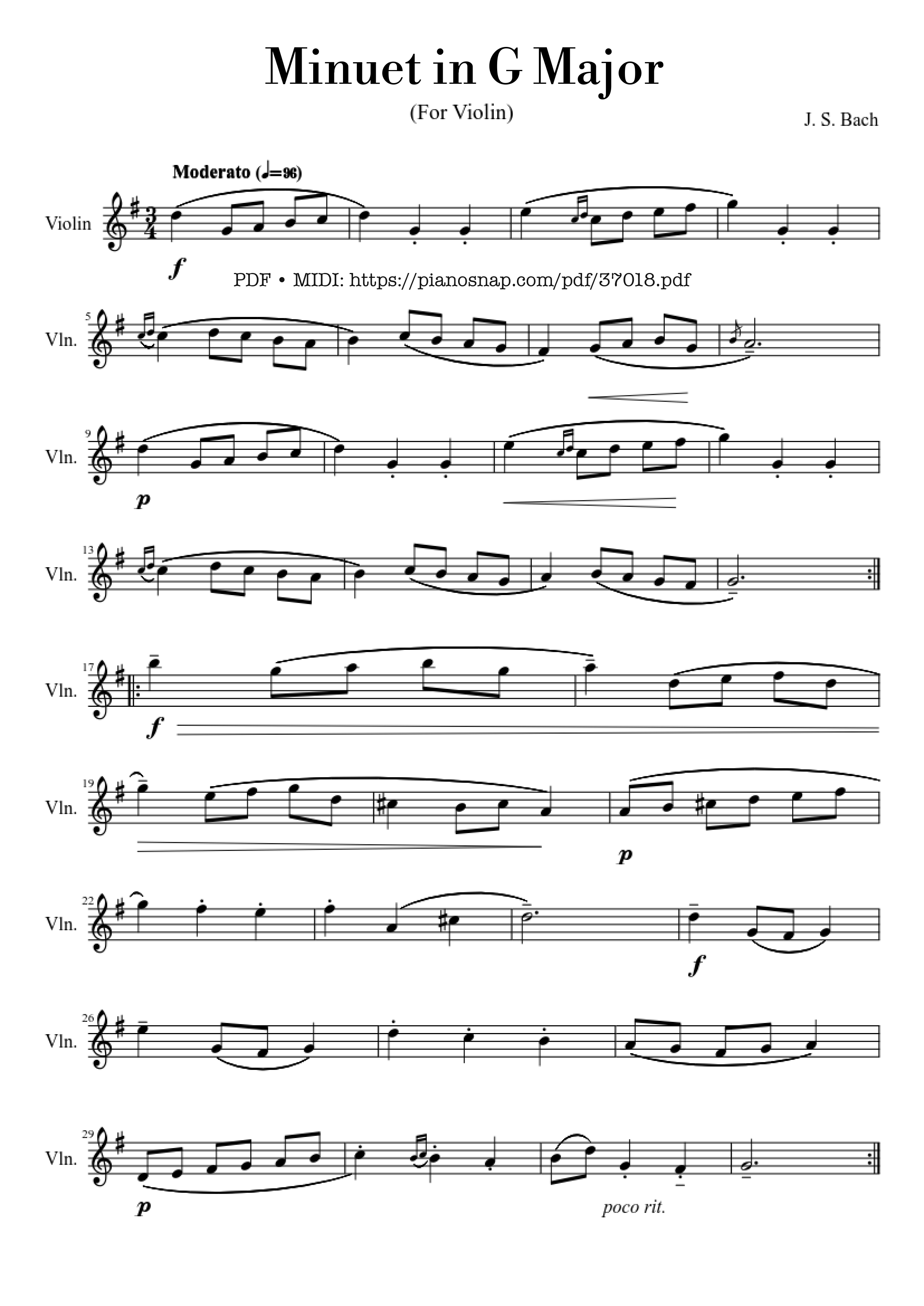 Page 1 of Sheet music PDF Bach Minuet in G Major Violin - J. S. Bach