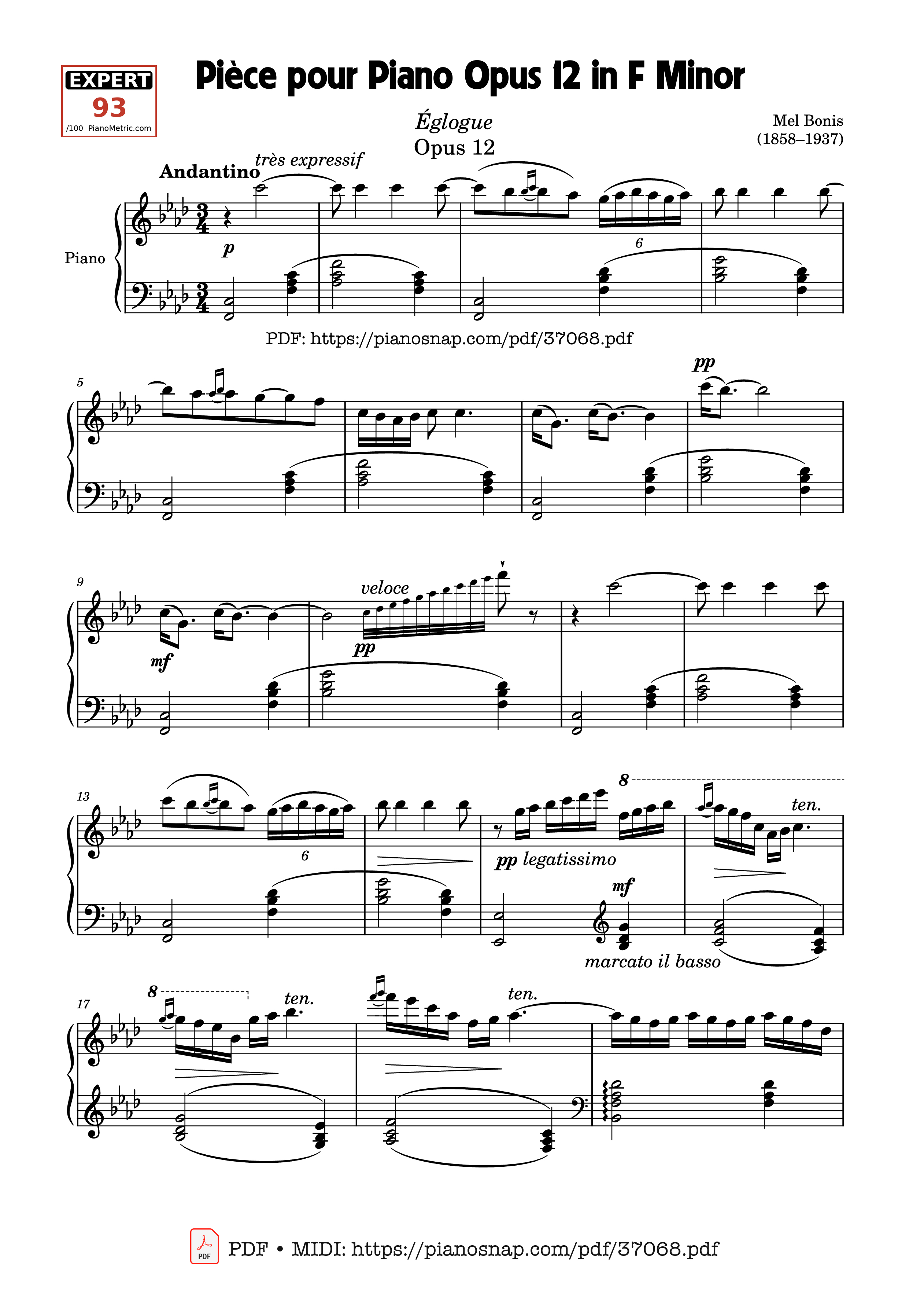Page 1 of Sheet music PDF Piano Pièce pour Piano Opus 12 in F Minor - Mel Bonis