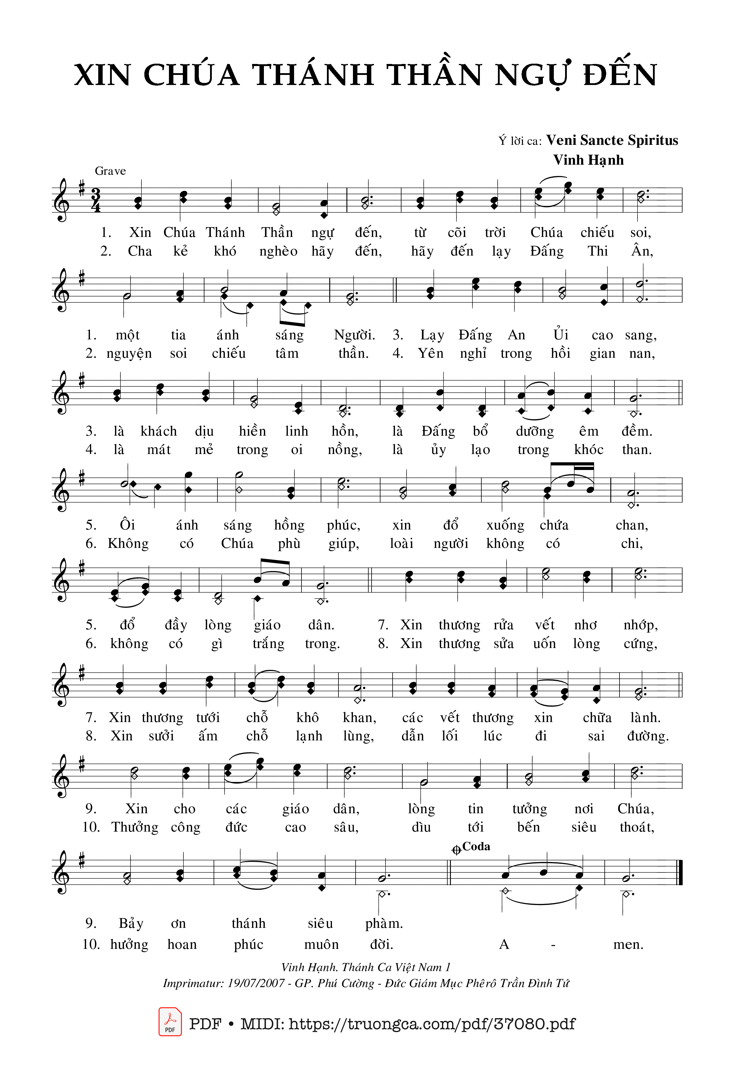 Page 1 of Sheet music PDF Xin Chúa Thánh Thần Ngự Đến - Vinh Hạnh