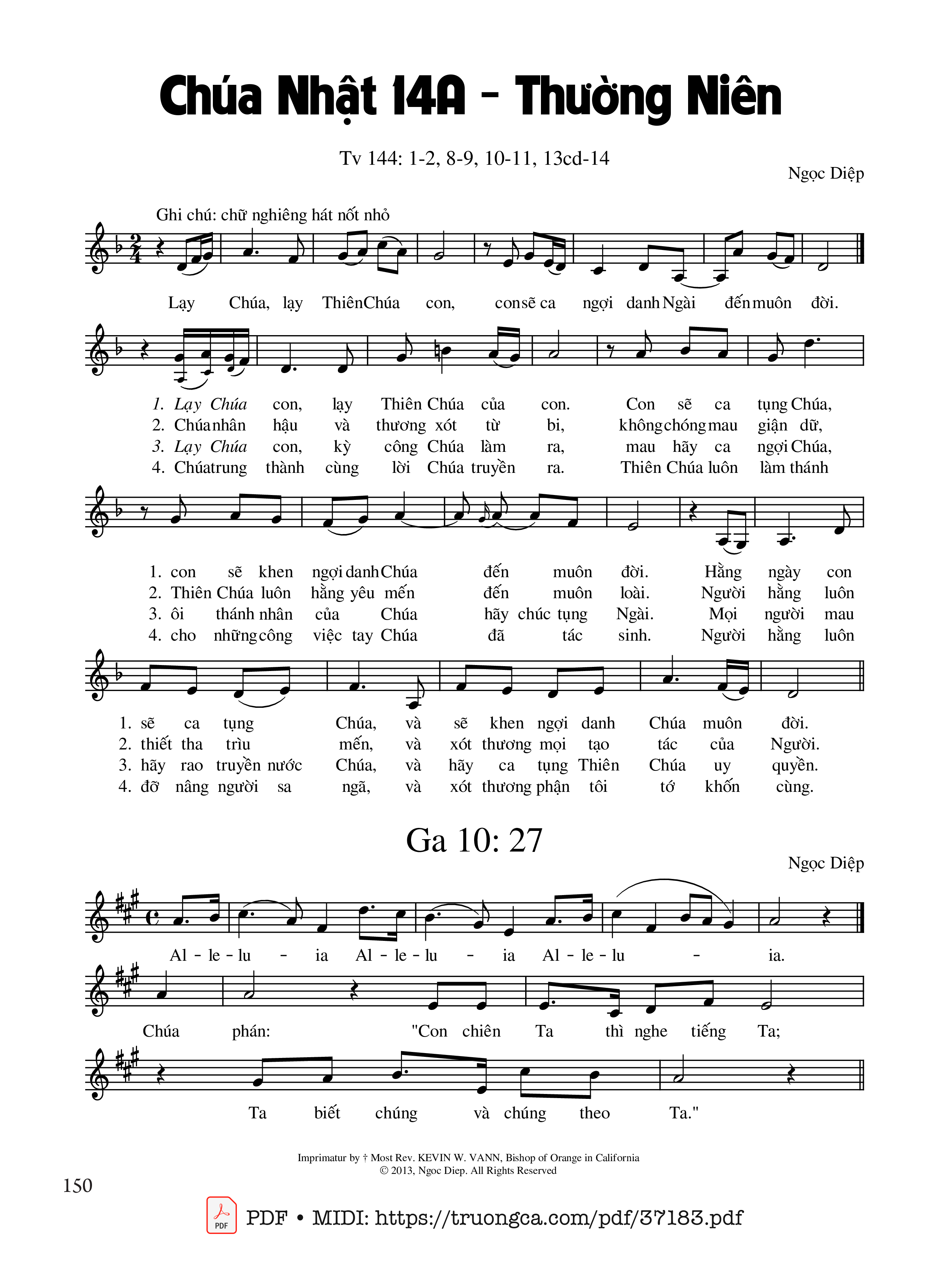 Page 1 of Sheet music PDF Thánh Vịnh 144, Chúa Nhật 14A Thường Niên - Ngọc Diệp