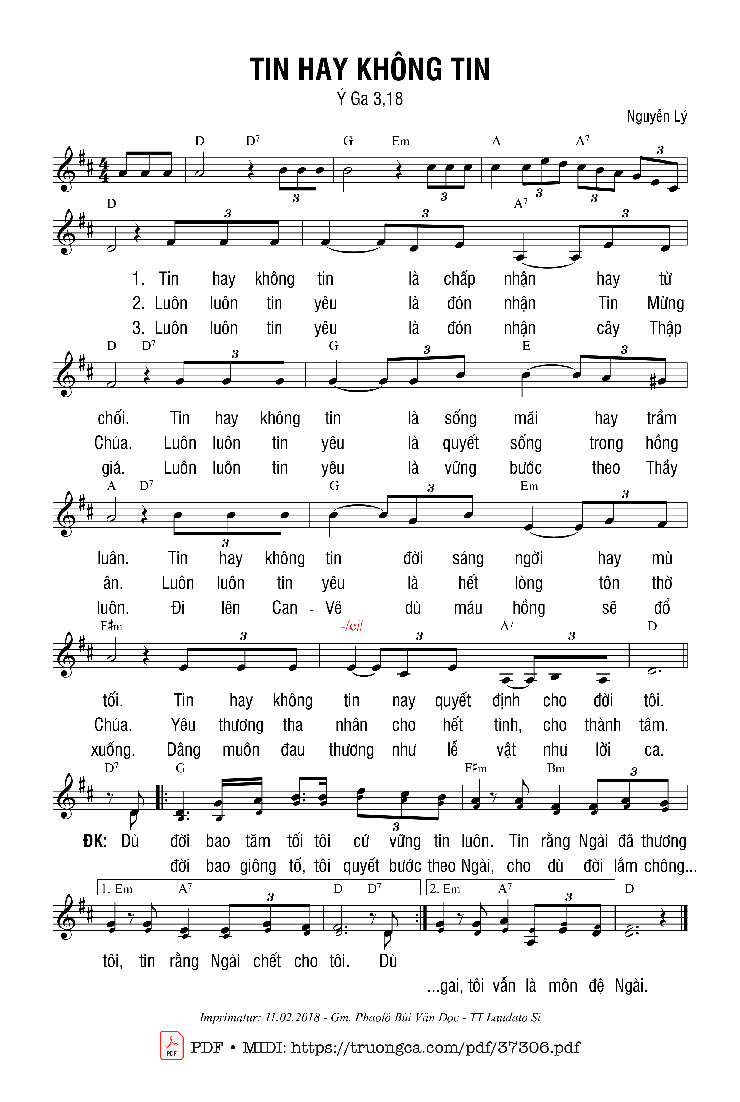 Page 1 of Sheet music PDF Tin Hay Không Tin (Ga 3 - Nguyễn Lý