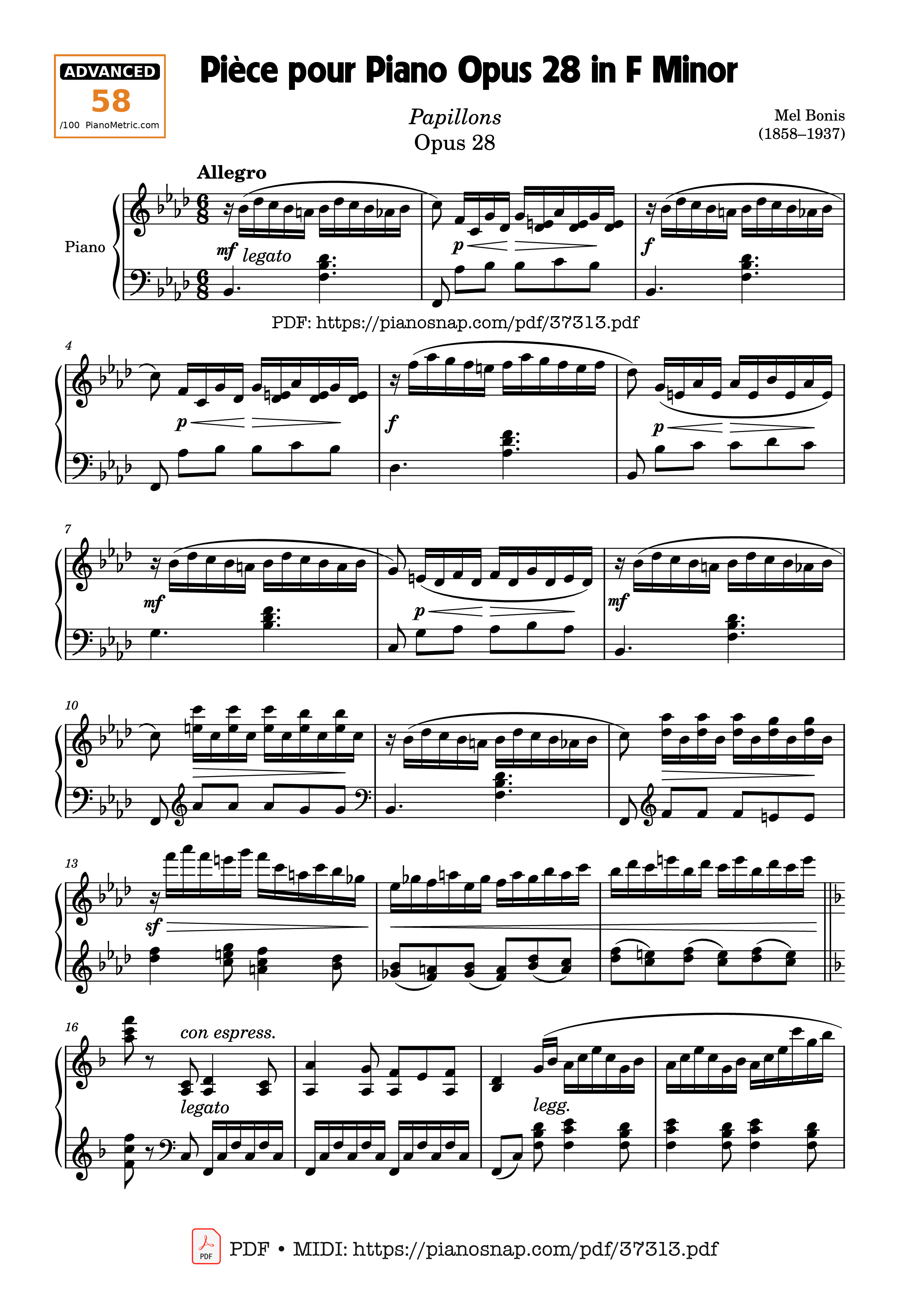 Page 1 of Sheet music PDF Piano Pièce pour Piano Opus 28 in F Minor - Mel Bonis