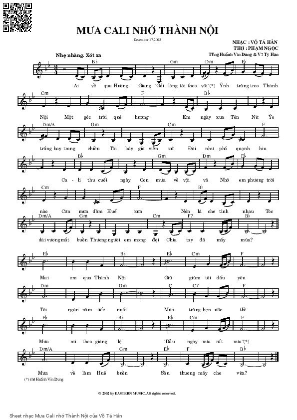 Sheet PDF of Mưa Cali nhớ Thành Nội