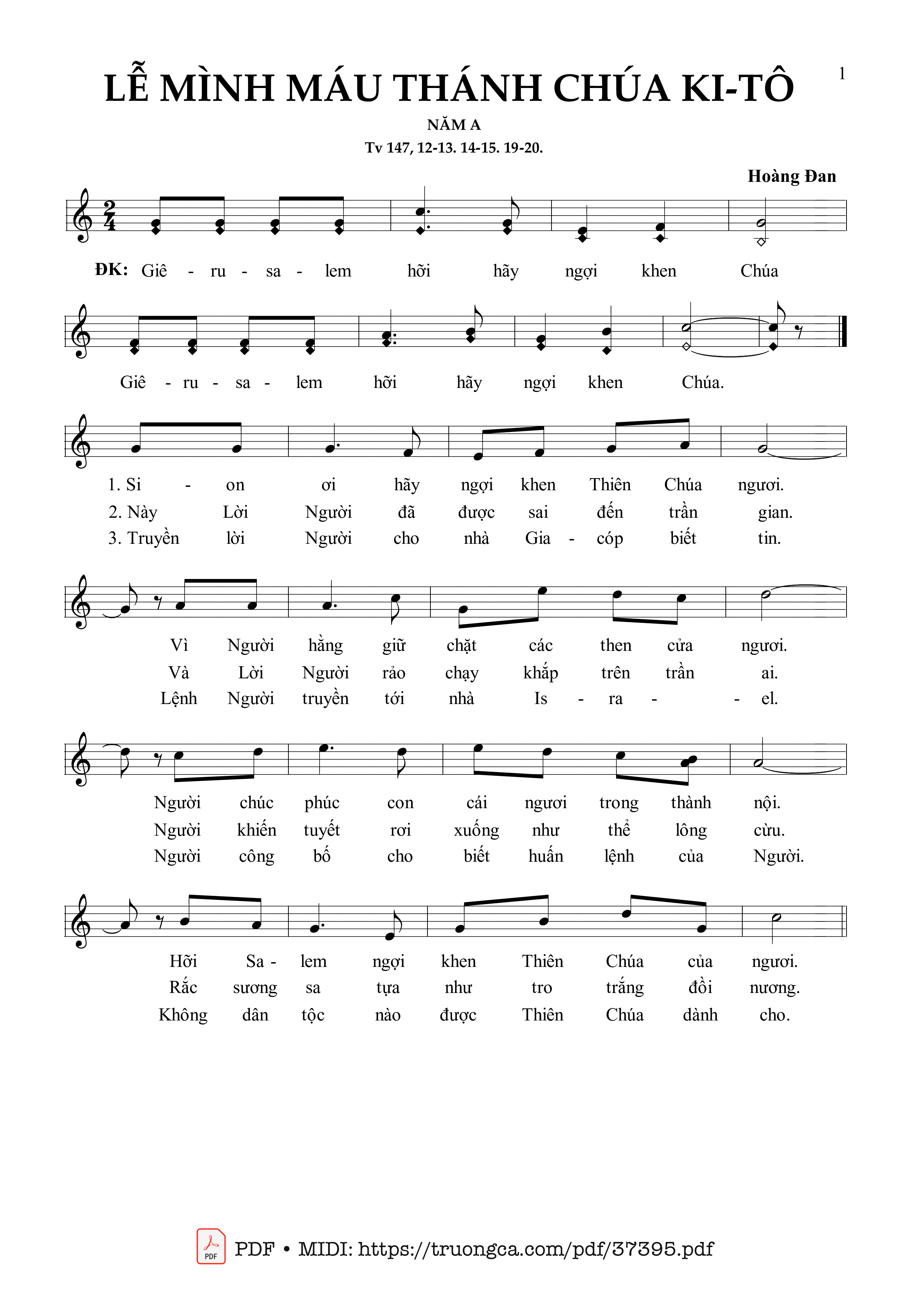 Page 1 of Sheet music PDF Thánh Vịnh 147, Lễ Mình Máu Thánh Chúa A - Hoàng Đan
