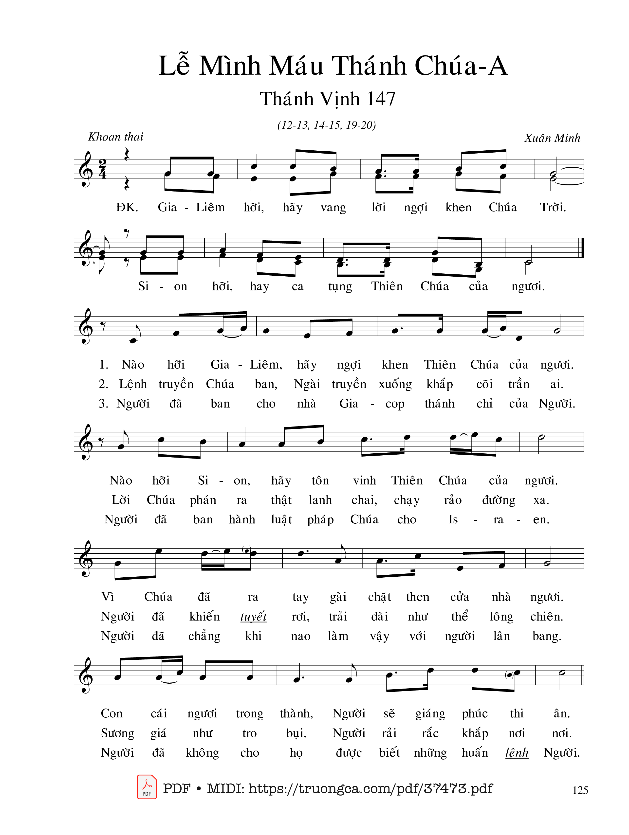 Page 1 of Sheet music PDF Thánh Vịnh 147, Lễ Mình Máu Thánh Chúa A - Xuân Minh