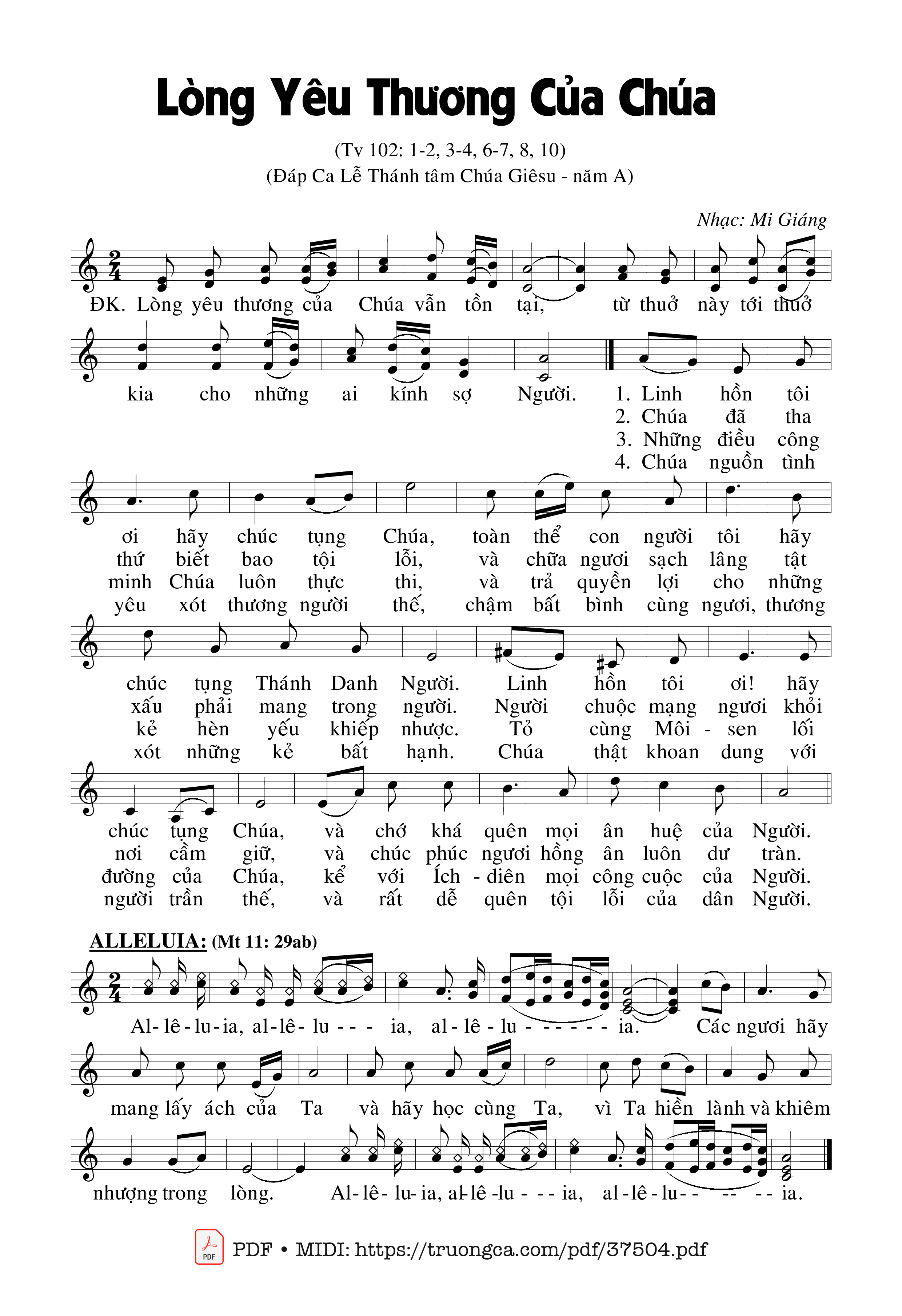 Page 1 of Sheet music PDF Thánh Vịnh 102, Lòng Yêu Thương Của Chúa - Mi Giáng