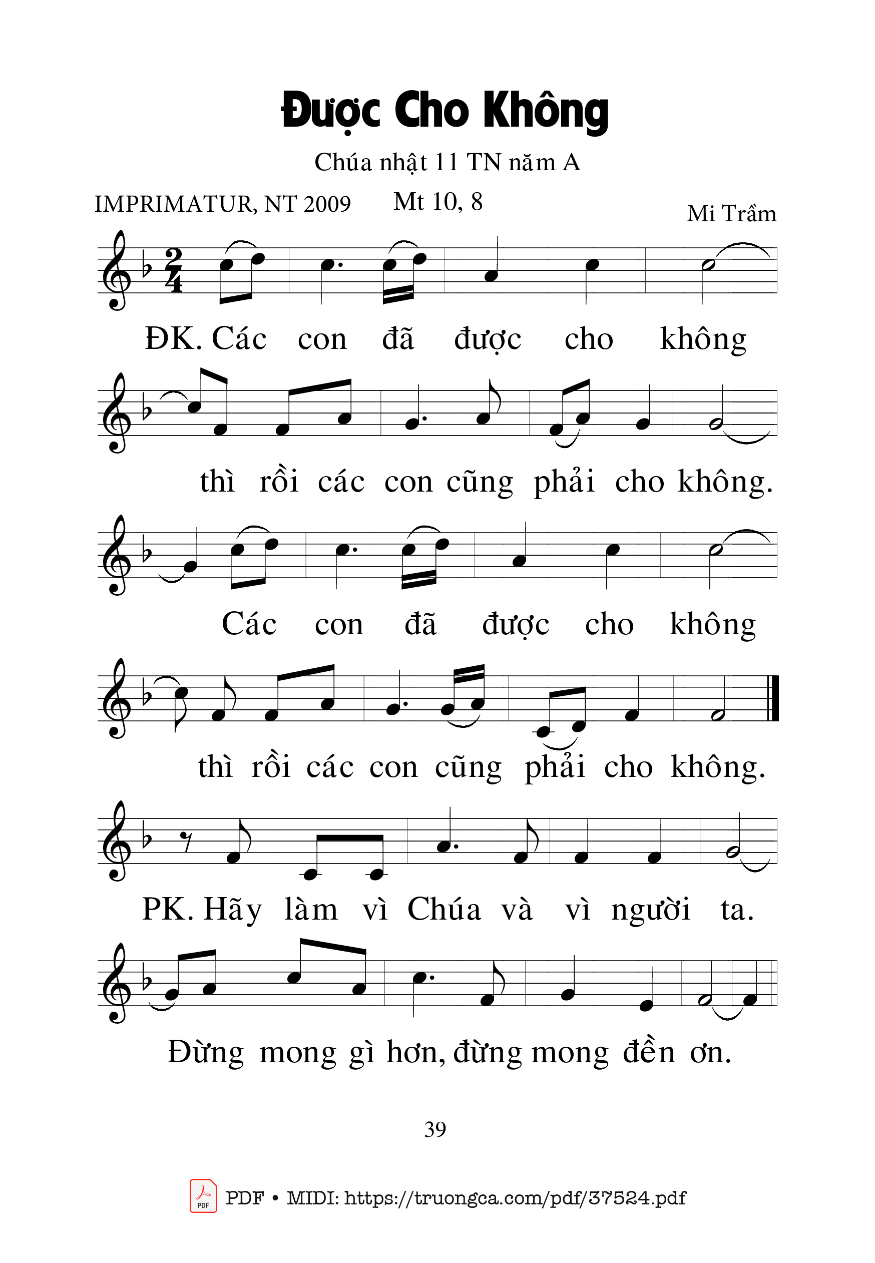Page 1 of Sheet music PDF Được Cho Không - Mi Trầm
