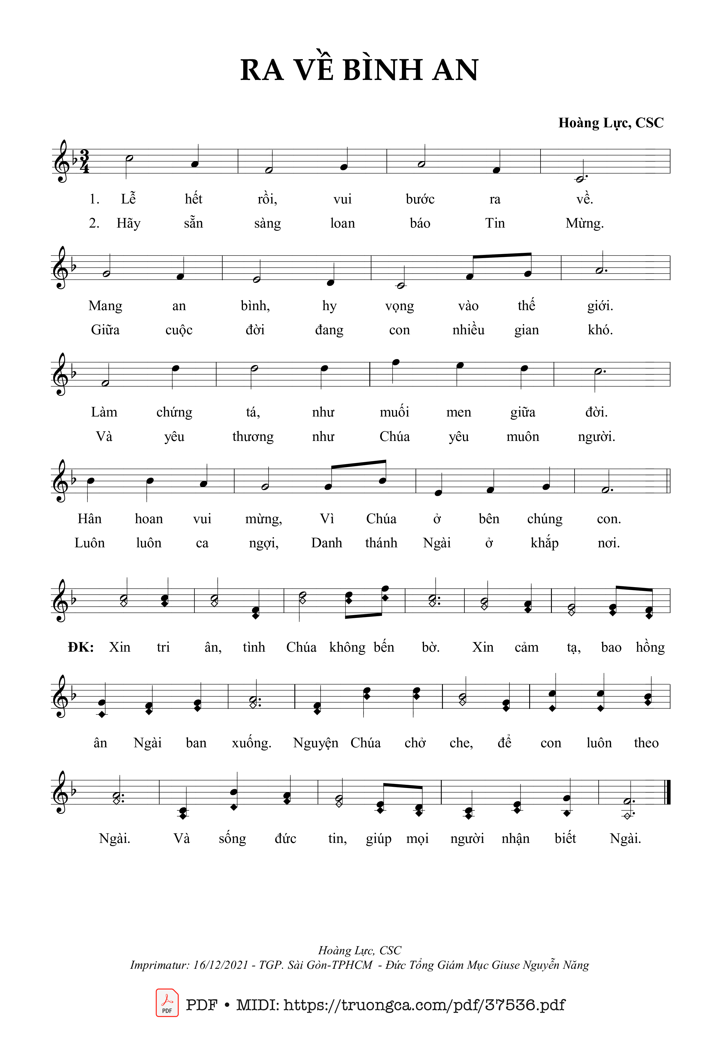 Page 1 of Sheet music PDF Ra Về Bình An - Hoàng Lực, Csc