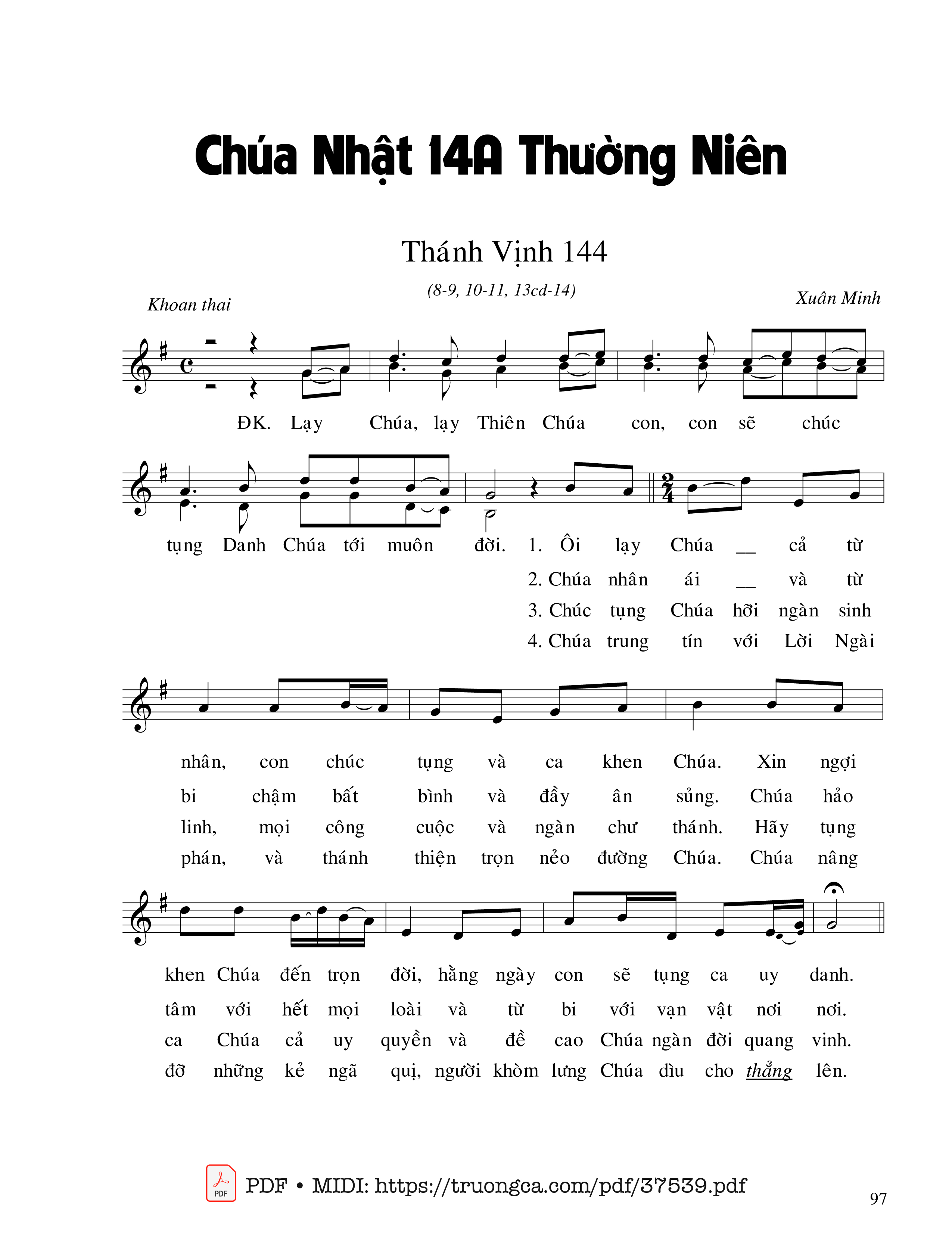 Page 1 of Sheet music PDF Thánh Vịnh 144, Chúa Nhật 14A Thường Niên - Xuân Minh