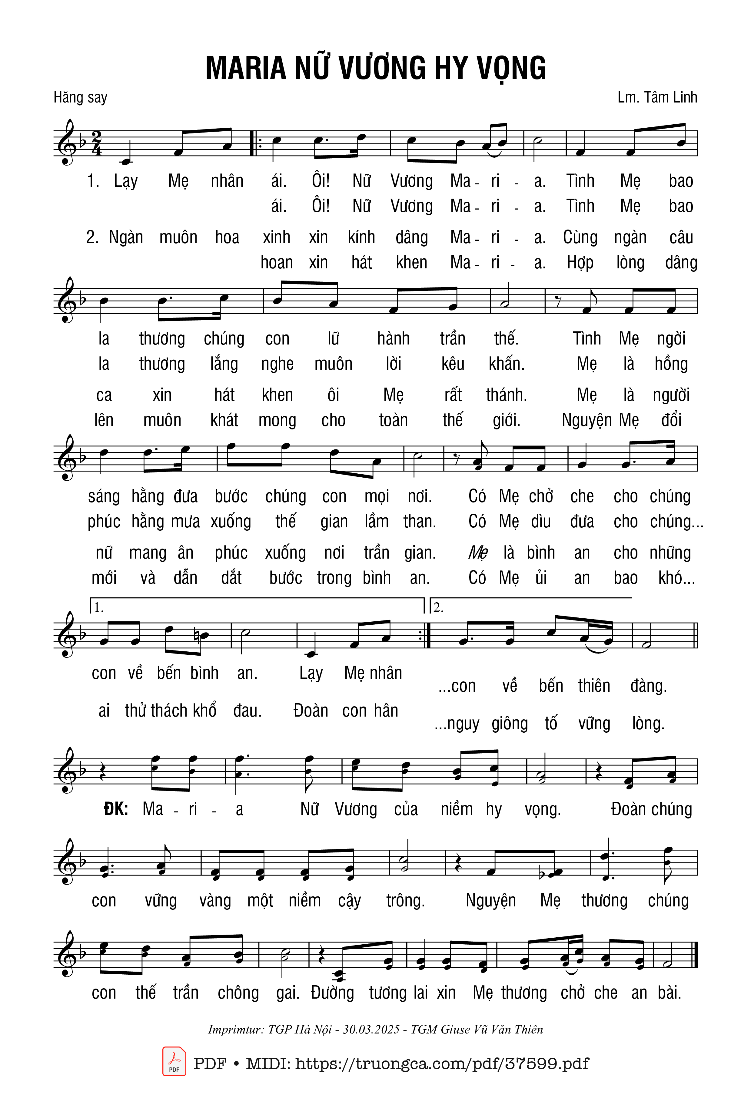 Page 1 of Sheet music PDF Maria Nữ Vương Hy Vọng - Tâm Linh