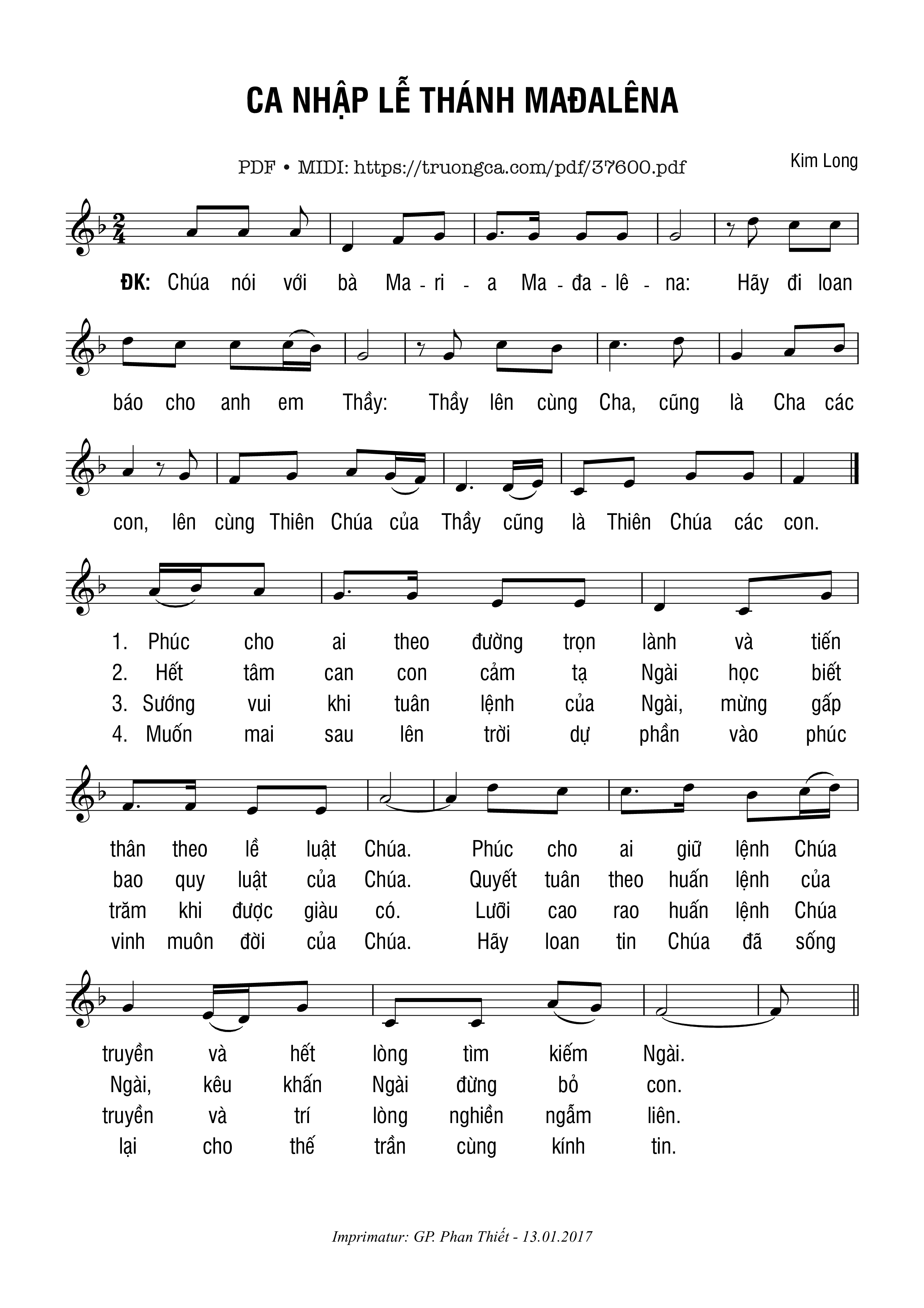 Page 1 of Sheet music PDF Ca Nhập Lễ Thánh Mađalêna - Kim Long