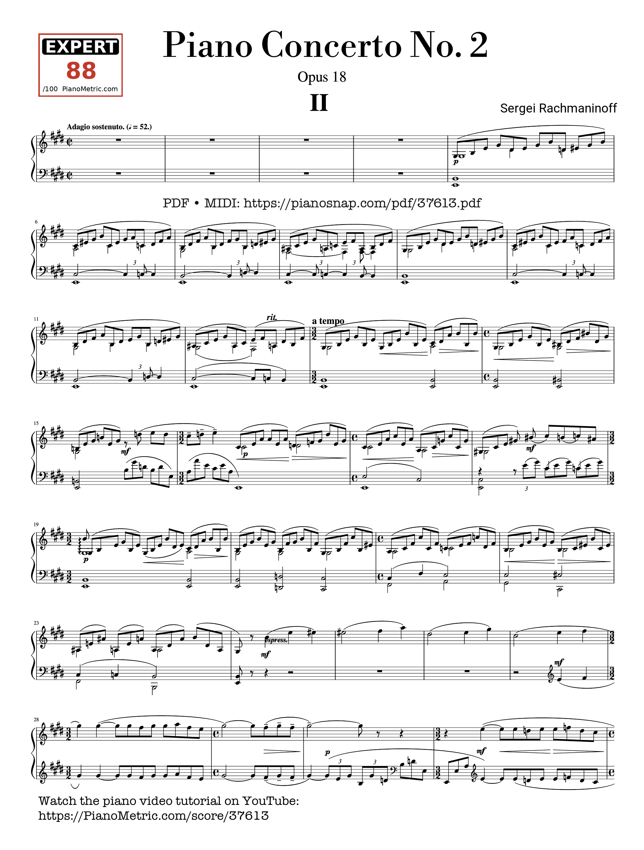 Page 1 of Sheet music PDF Piano Piano Concerto No. 2 (Op. 18) - 2nd Movement - Sergei Rachmaninoff