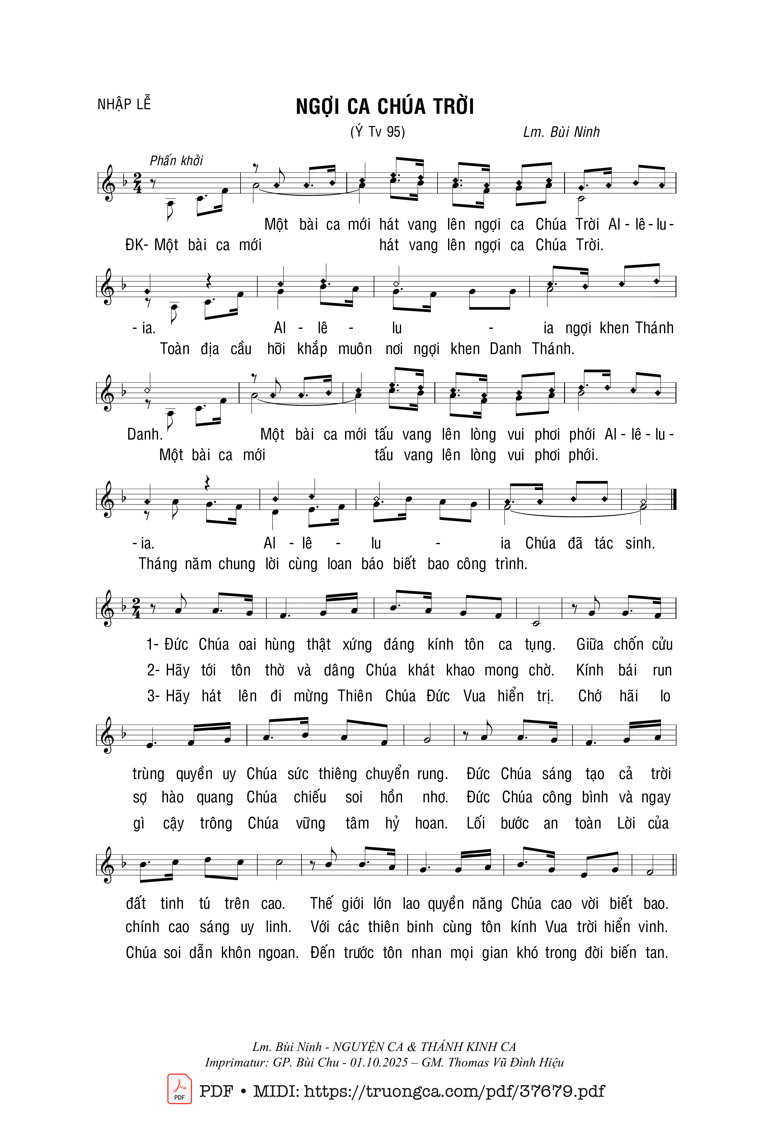 Page 1 of Sheet music PDF Thánh Vịnh 95, Ngợi Ca Chúa Trời (Ý - Bùi Ninh