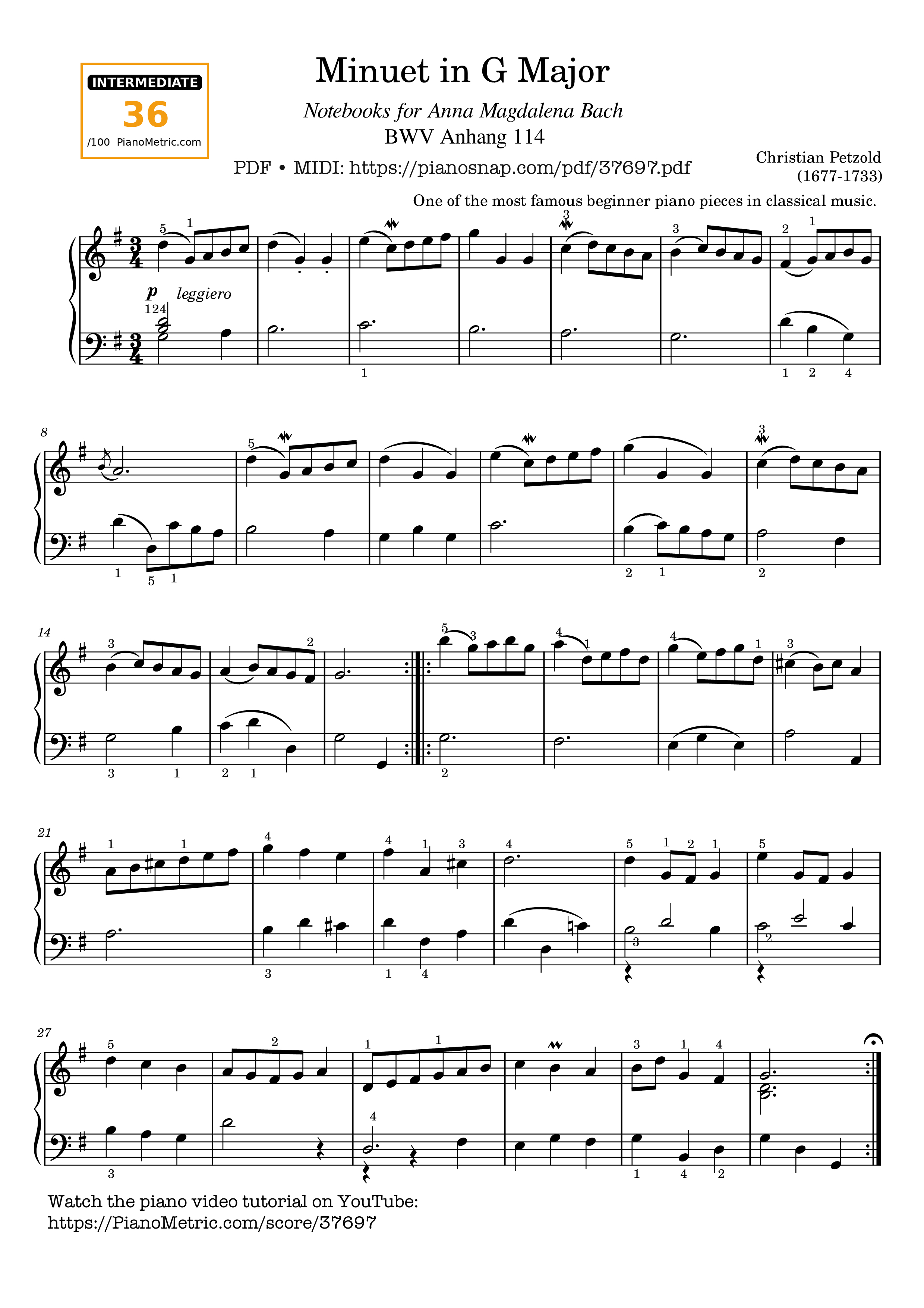 Page 1 of Sheet music PDF Piano Minuet BWV Anhang 114 in G Major (Fingerings) - Johann Sebastian Bach