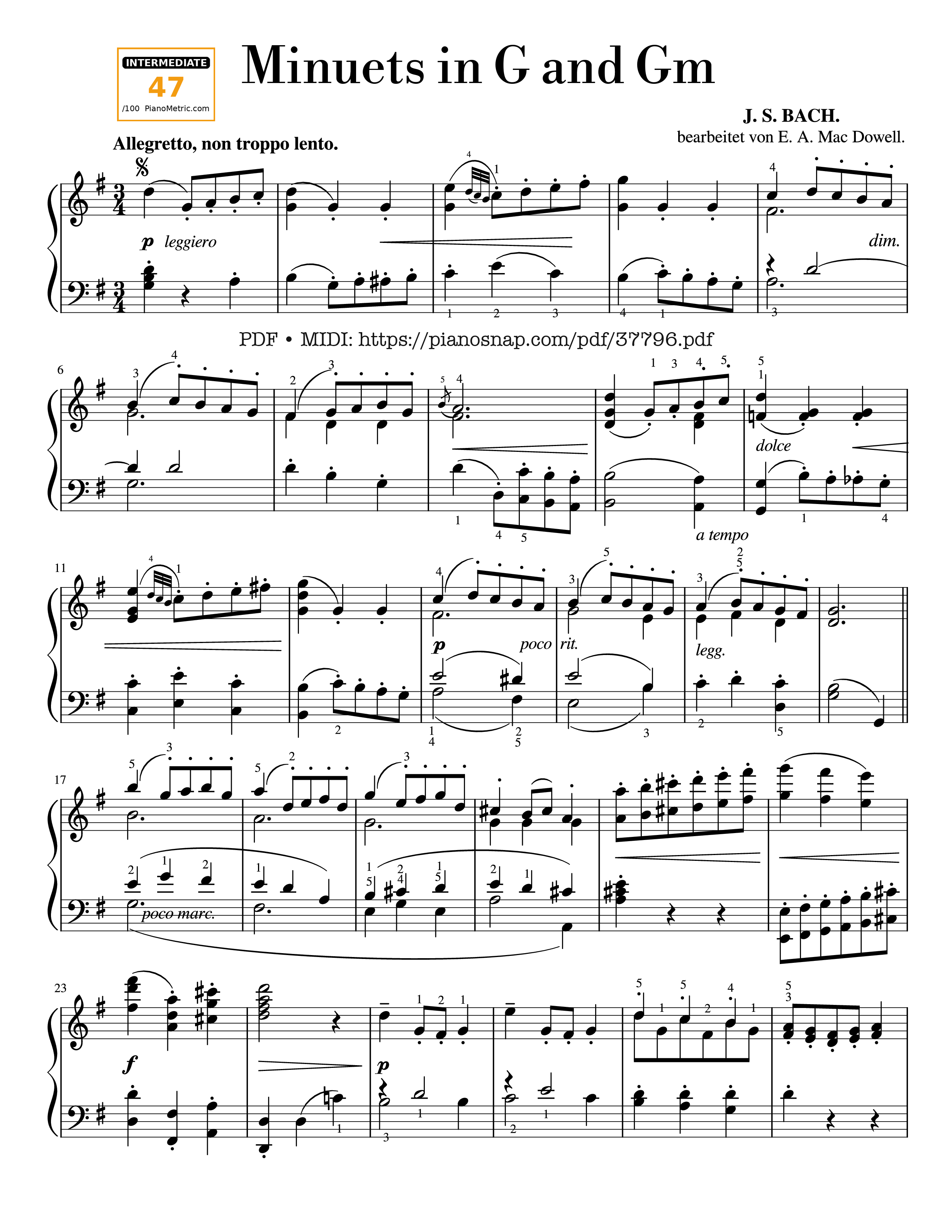 Page 1 of Sheet music PDF Minuets in G Major and G Minor Piano - Johann Sebastian Bach