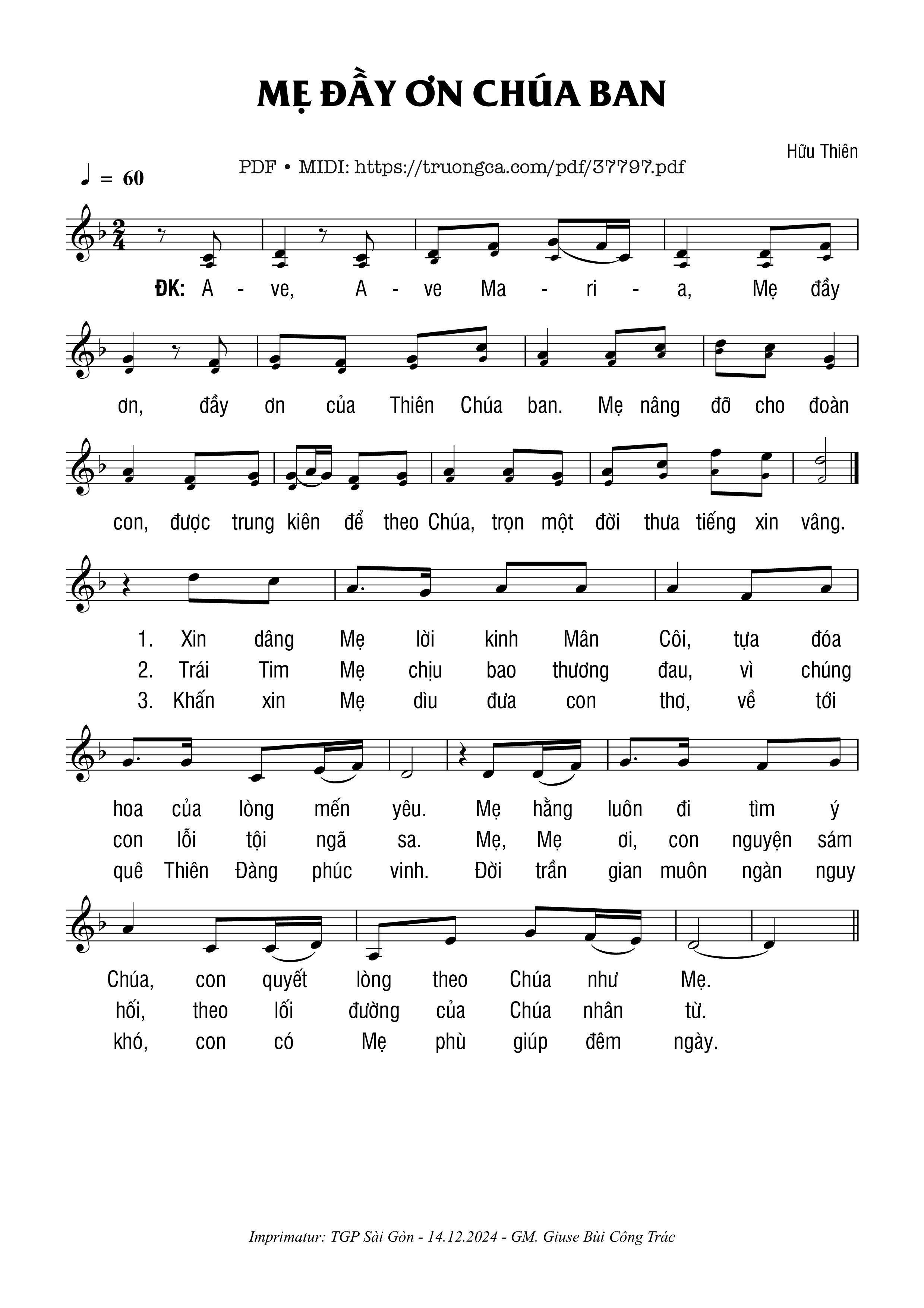 Page 1 of Sheet music PDF Mẹ Đầy Ơn Chúa Ban - Hữu Thiên