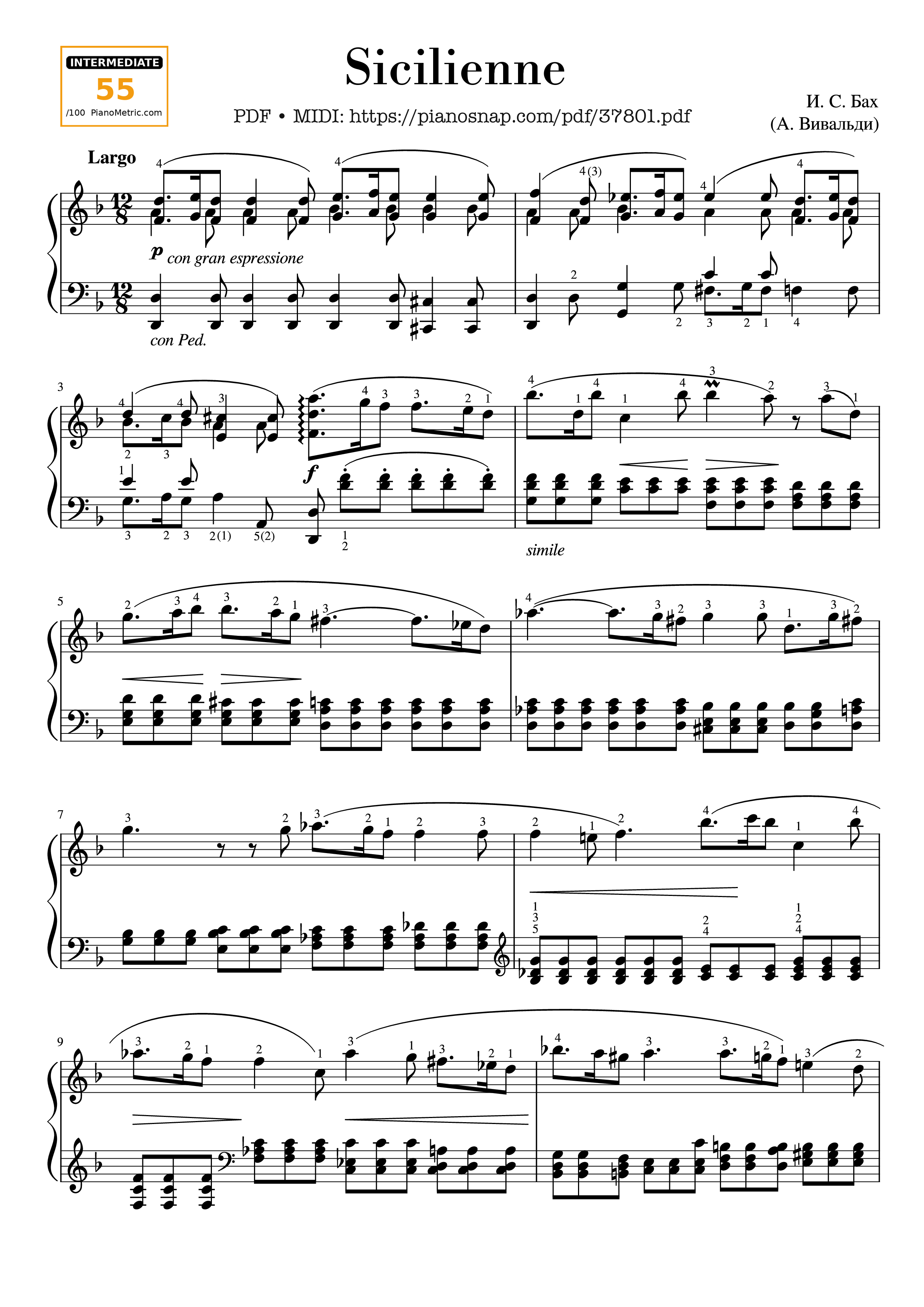 Page 1 of Sheet music PDF Piano Sicilienne from Concerto in D minor BWV 596 - Johann Sebastian Bach