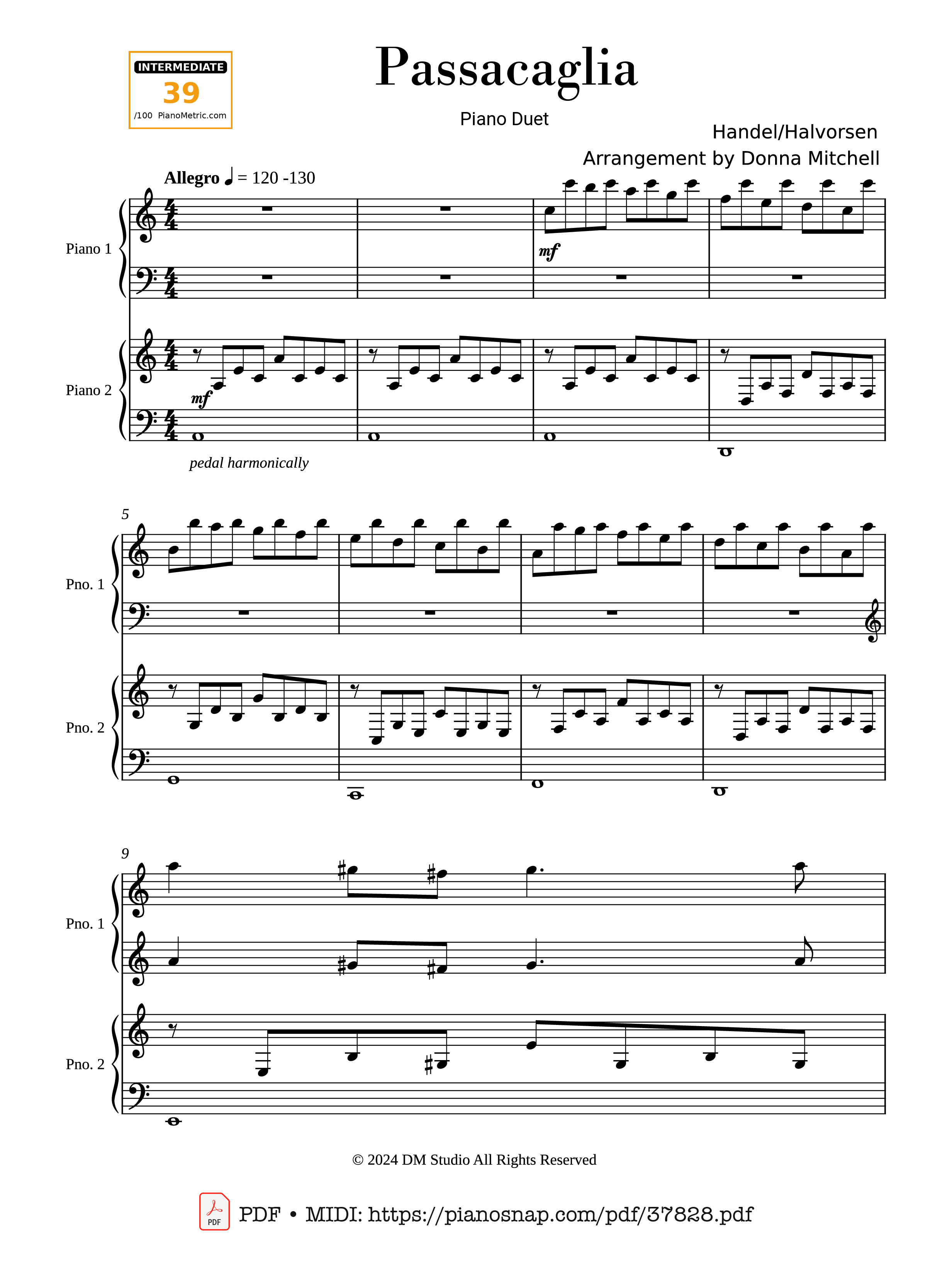 Page 1 of Sheet music PDF Piano Passacaglia - Four hands - Johan Halvorsen