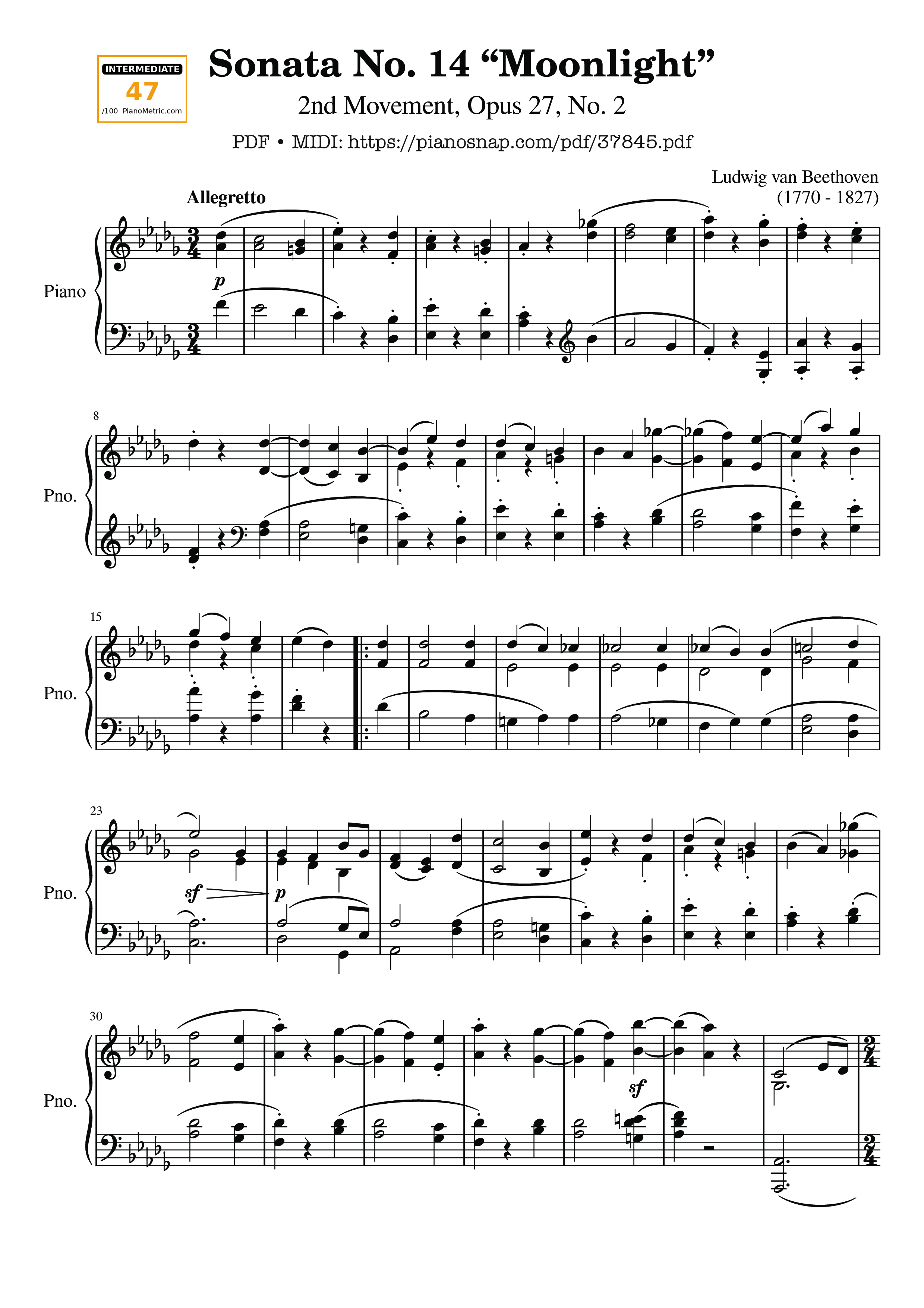 Page 1 of Sheet music PDF Piano Sonata No. 14 Moonlight 2nd Movement Piano - Ludwig van Beethoven
