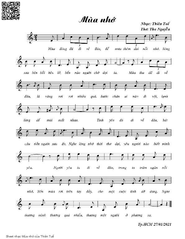 Page 1 of Sheet music PDF Mùa nhớ - Thiên Tuế
