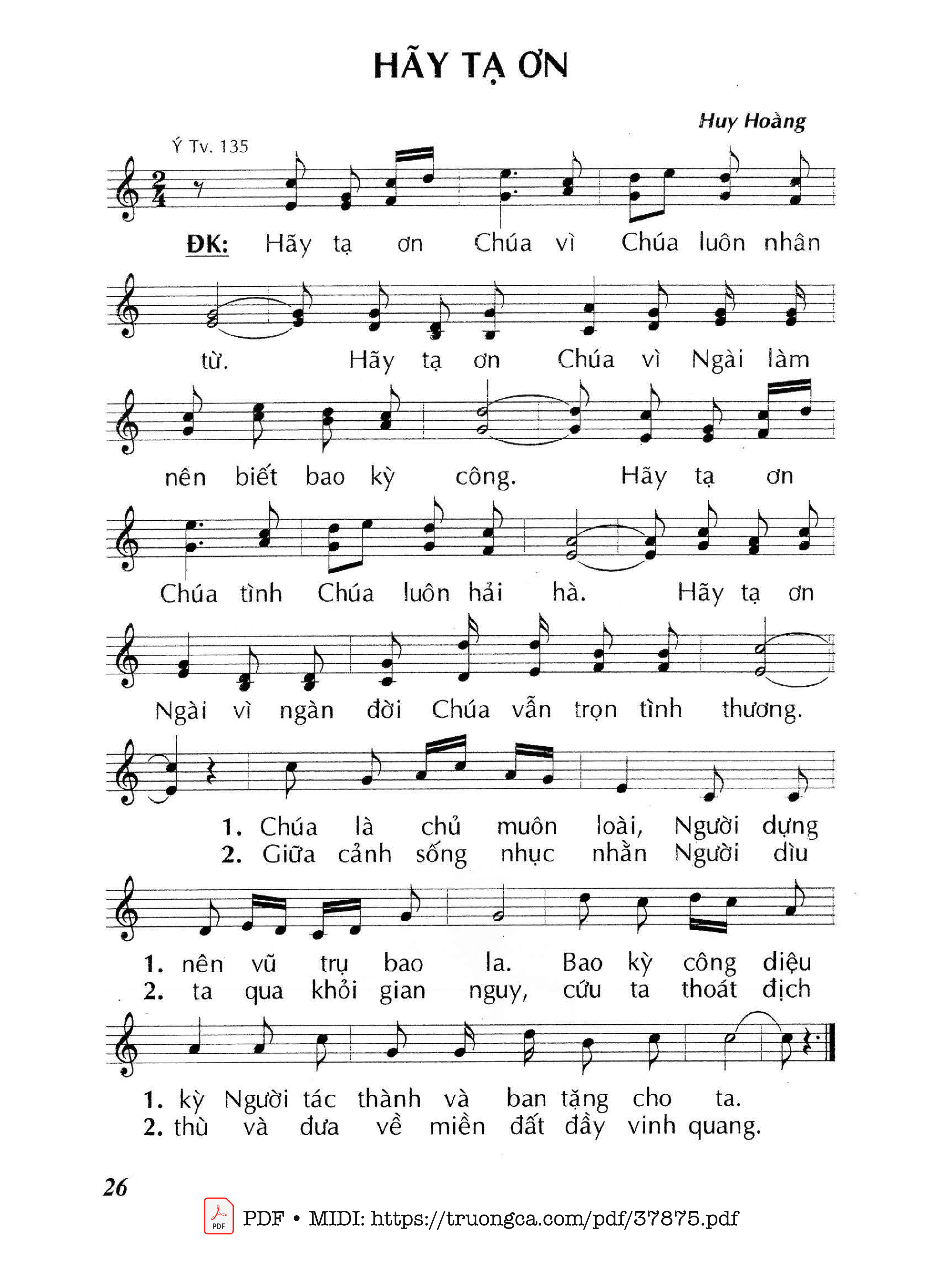 Page 1 of Sheet music PDF Thánh Vịnh 135, Hãy Tạ Ơn - Huy Hoàng