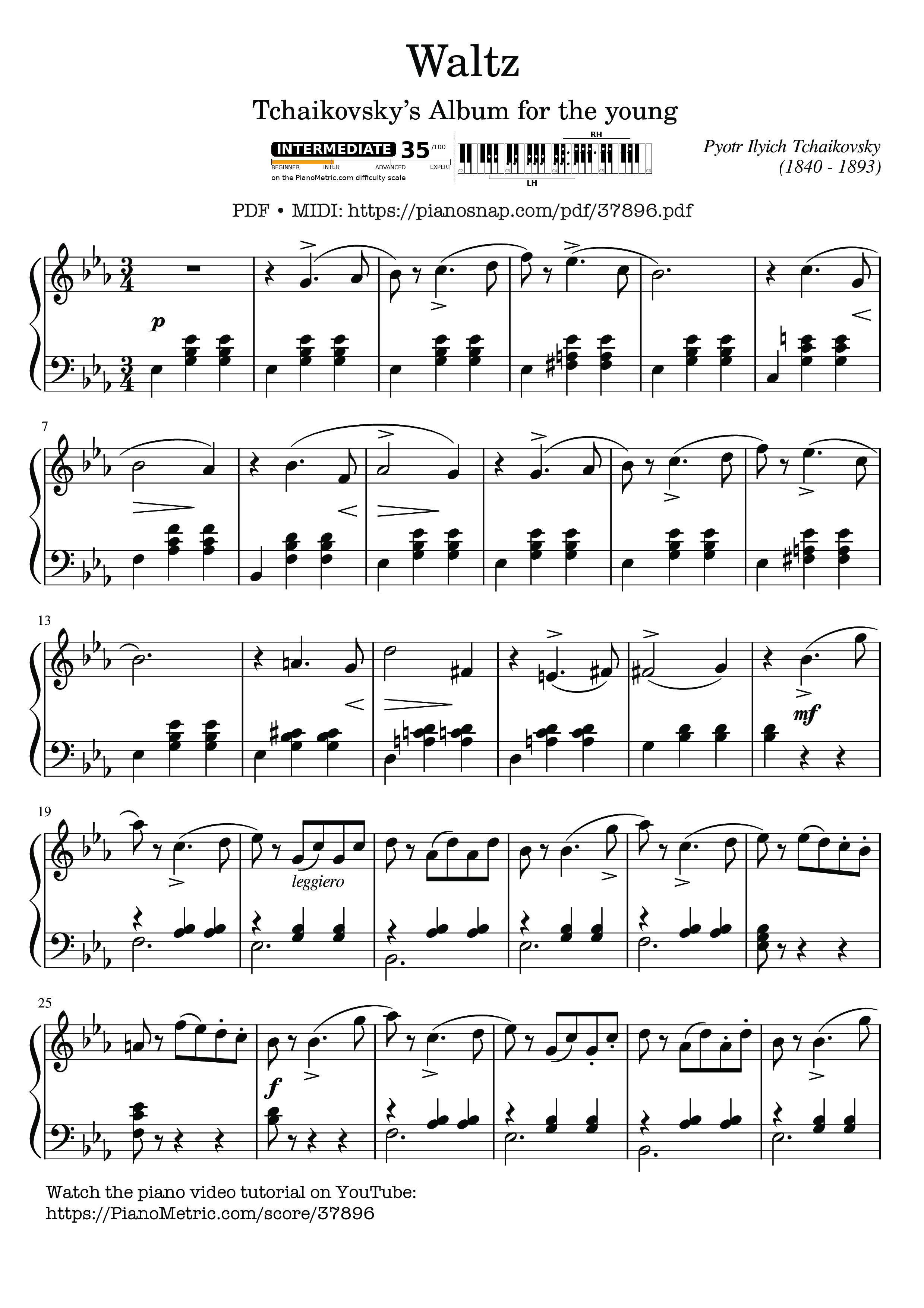 Page 1 of Sheet music PDF Piano Waltz, Tchaikovsky, Album for the young - Pyotr Ilyich Tchaikovsky