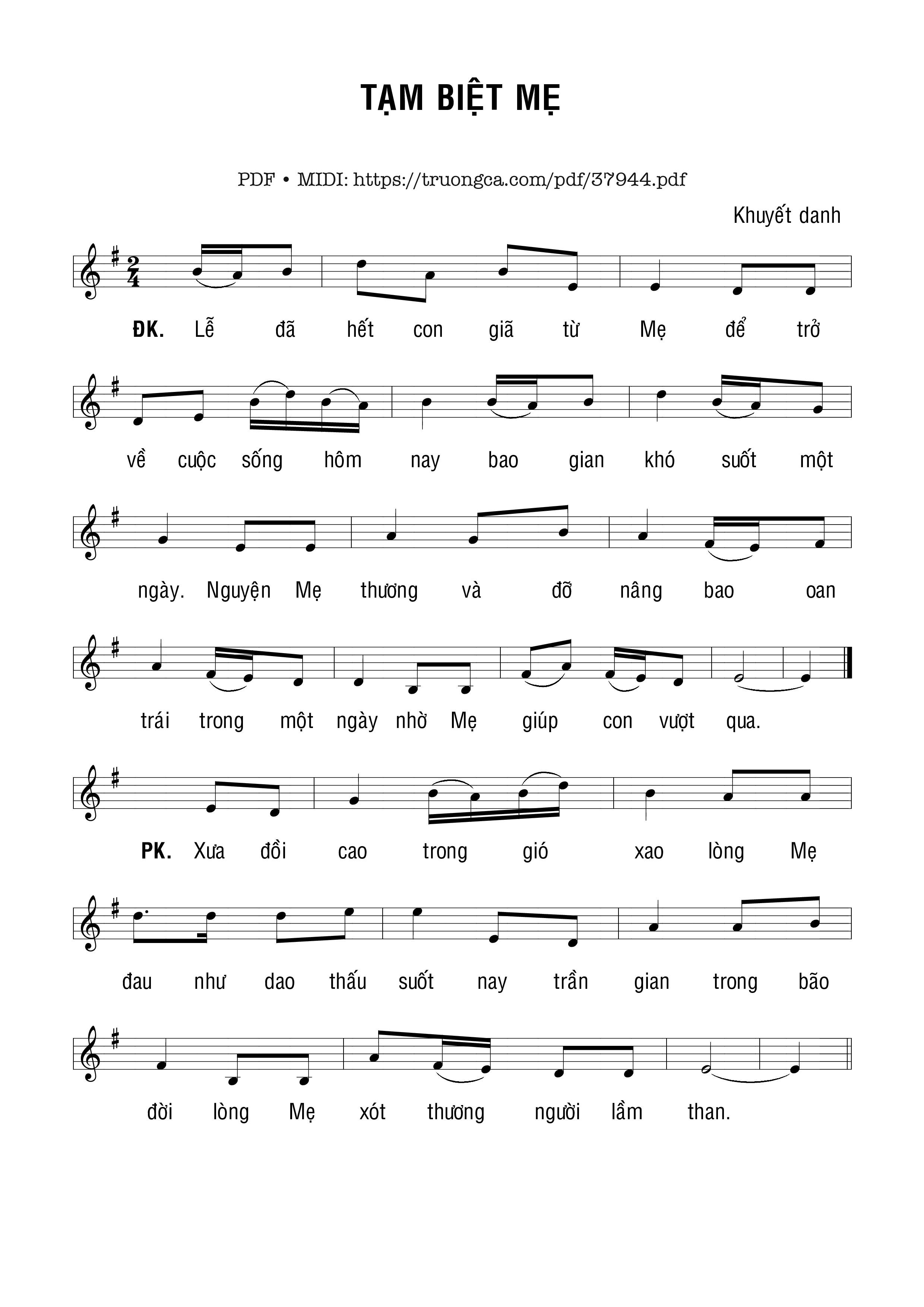 Page 1 of Sheet music PDF Tạm Biệt Mẹ - Khuyết Danh