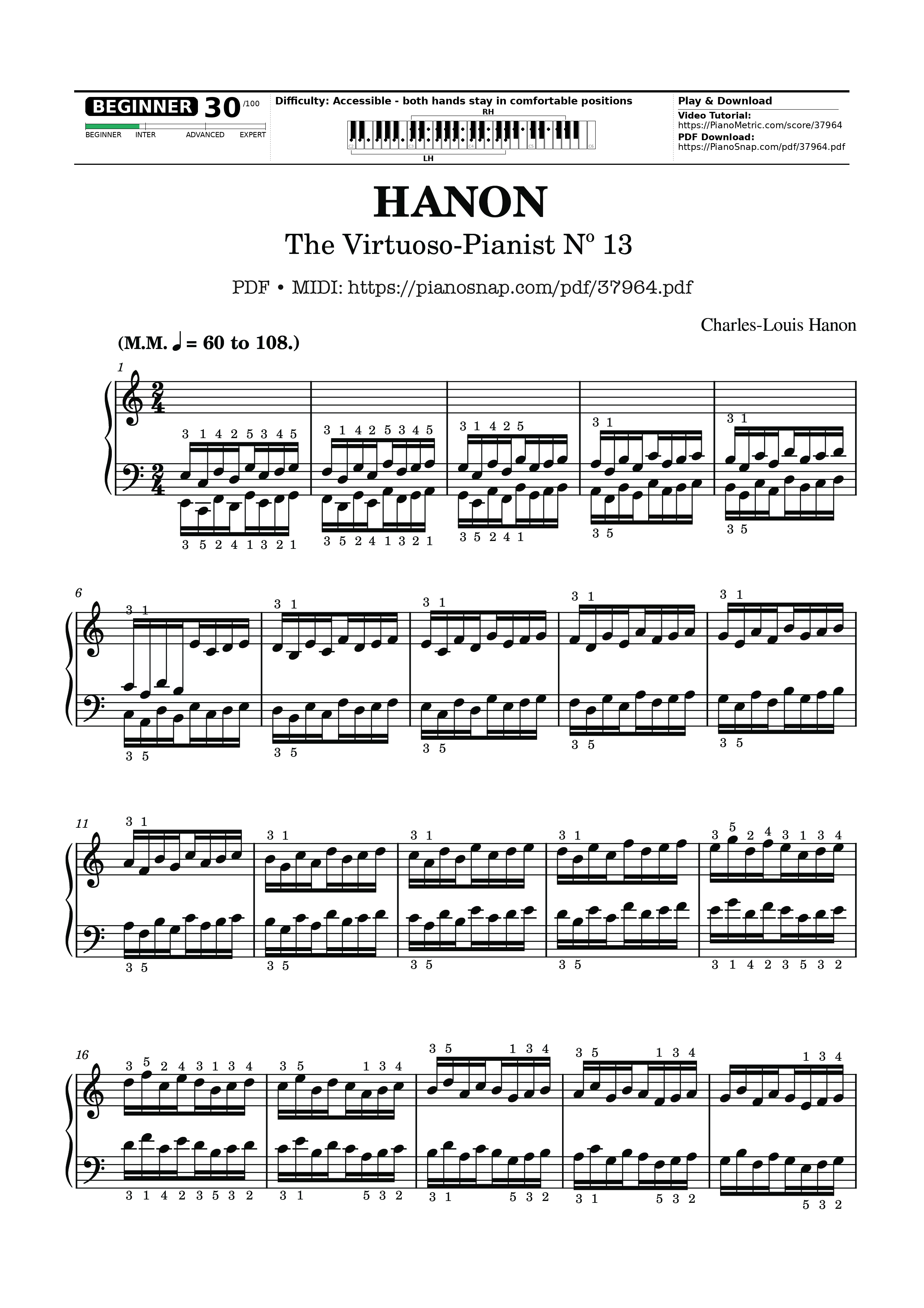 Page 1 of Sheet music PDF Hanon - The Virtuoso Pianist No. 13 - Charles-Louis Hanon