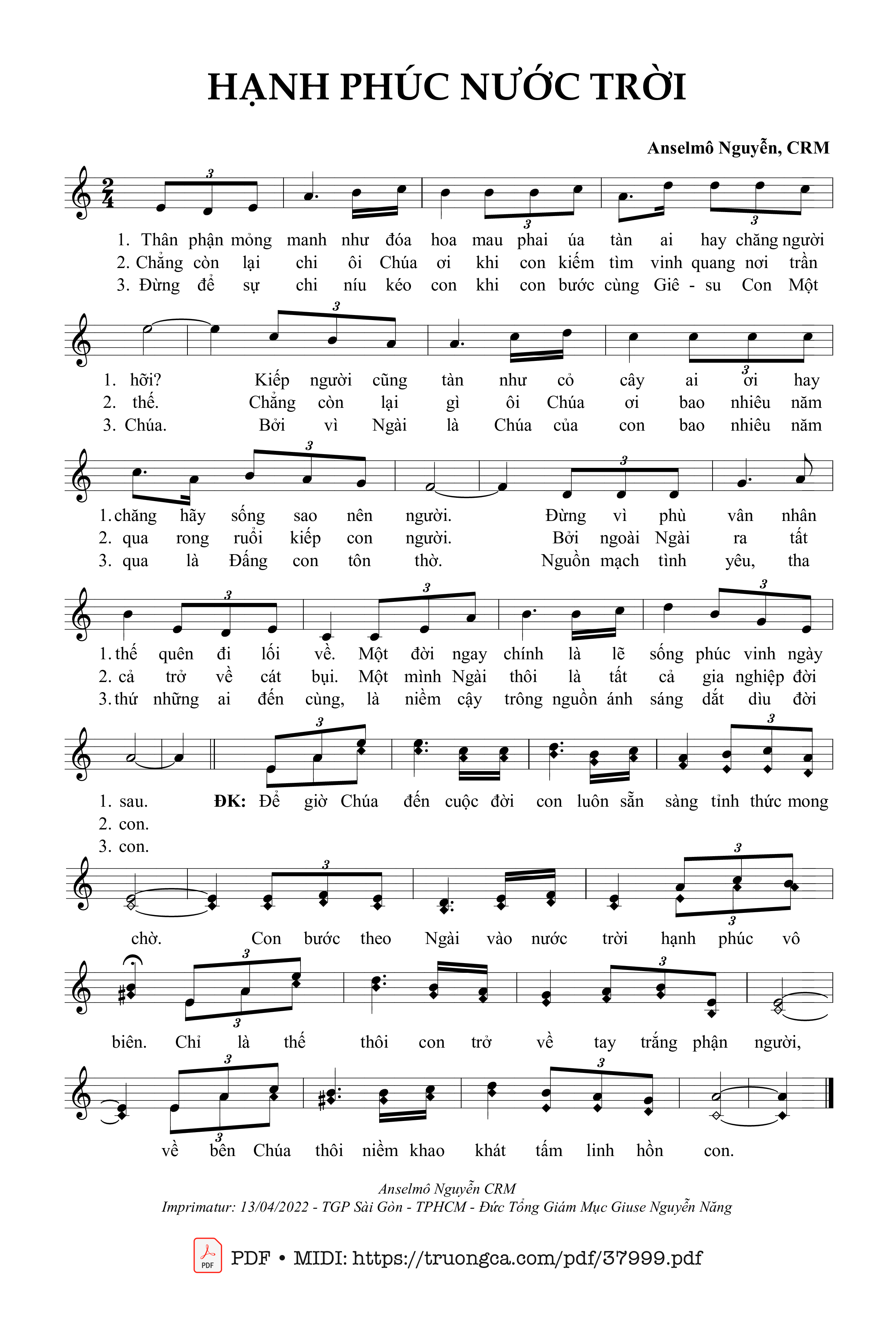 Page 1 of Sheet music PDF Hạnh Phúc Nước Trời - Anselmô Nguyễn, Crm