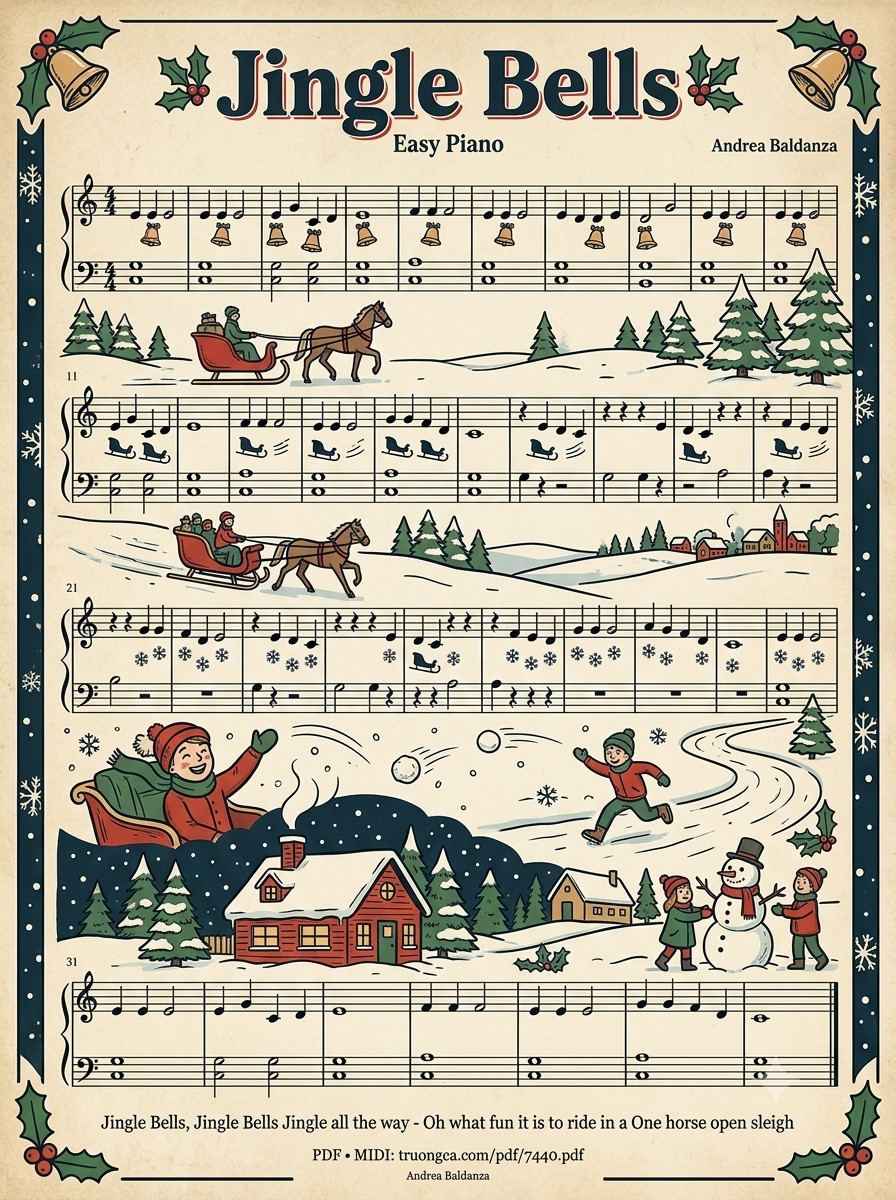 Page 1 of Sheet music PDF Jingle Bells Piano EASY (Illustrated Score Art) - James Pierpont