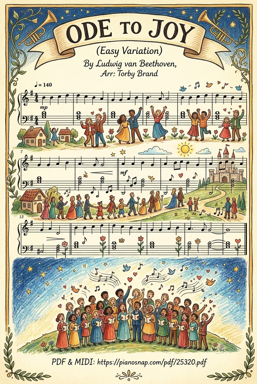 Page 1 of Sheet music PDF Ode to Joy Piano Easy (Illustrated Score Art) - Ludwig Van Beethoven