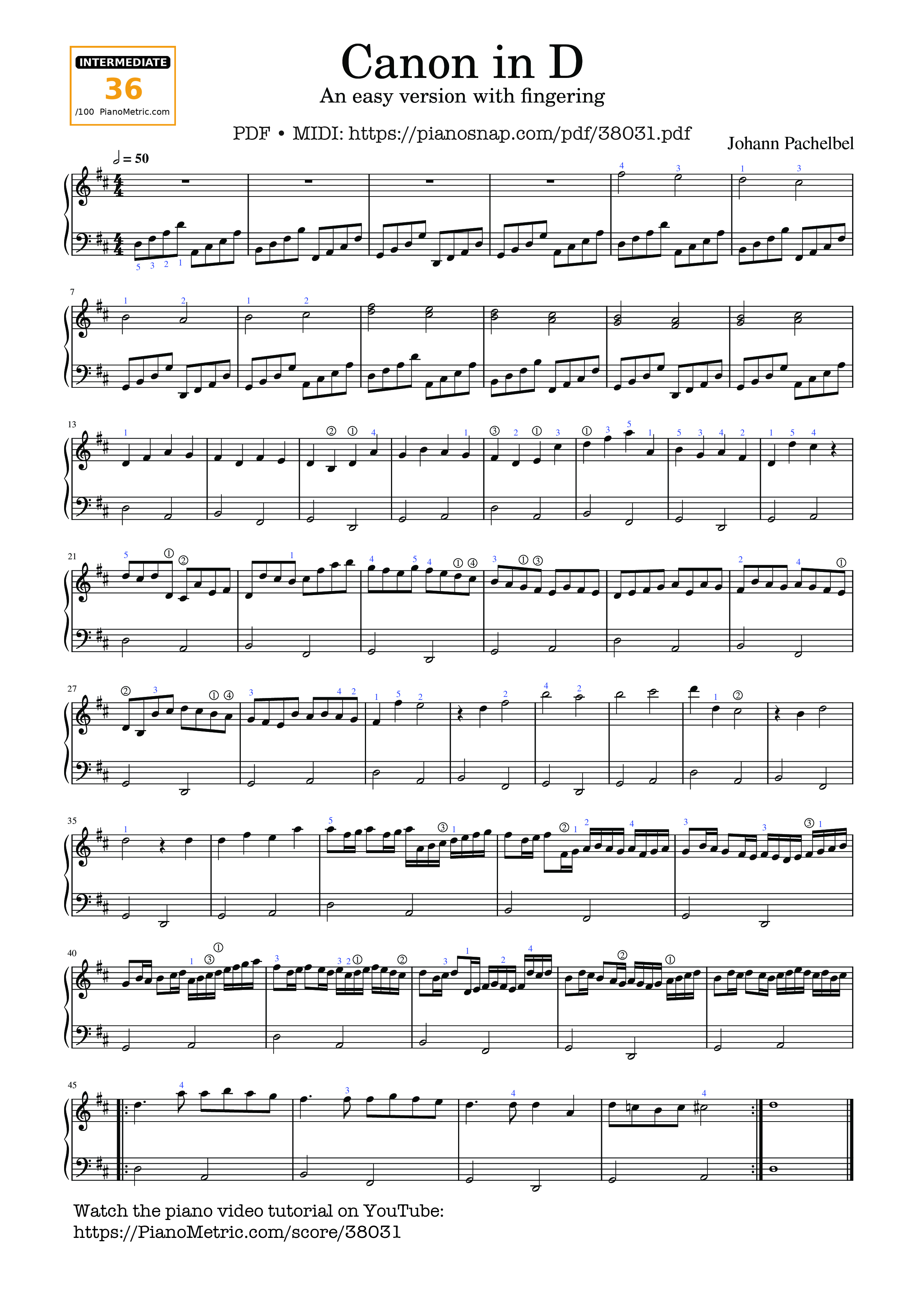 Page 1 of Sheet music PDF Canon in D Sheet Piano (An easy version with fingering) - Johann Pachelbel