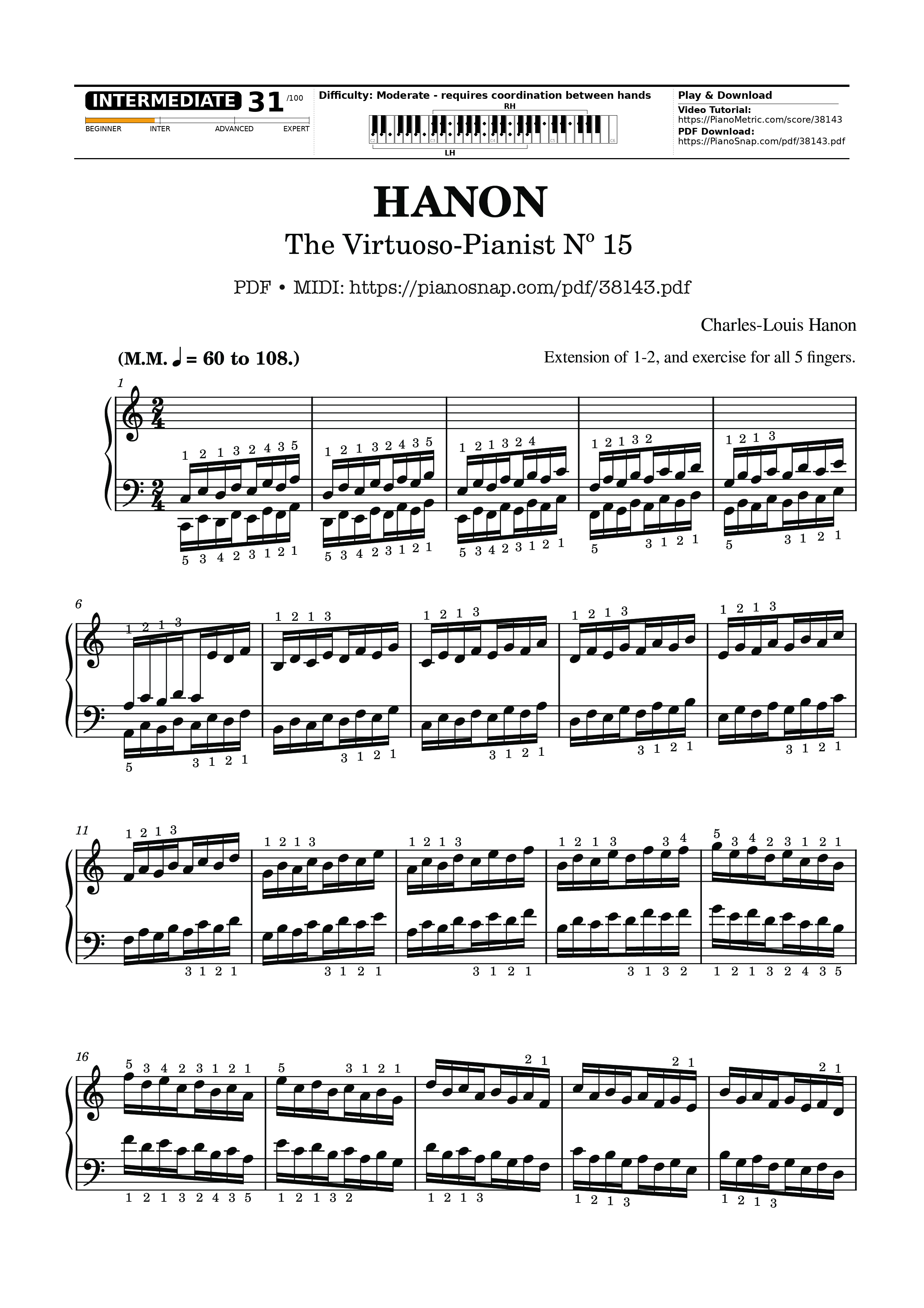 Page 1 of Sheet music PDF Hanon - The Virtuoso Pianist No. 15 - Charles-Louis Hanon