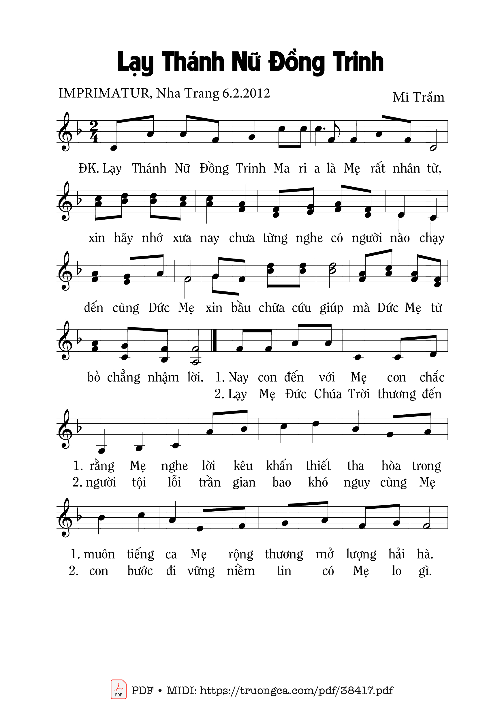 Page 1 of Sheet music PDF Lạy Thánh Nữ Đồng Trinh - Mi Trầm