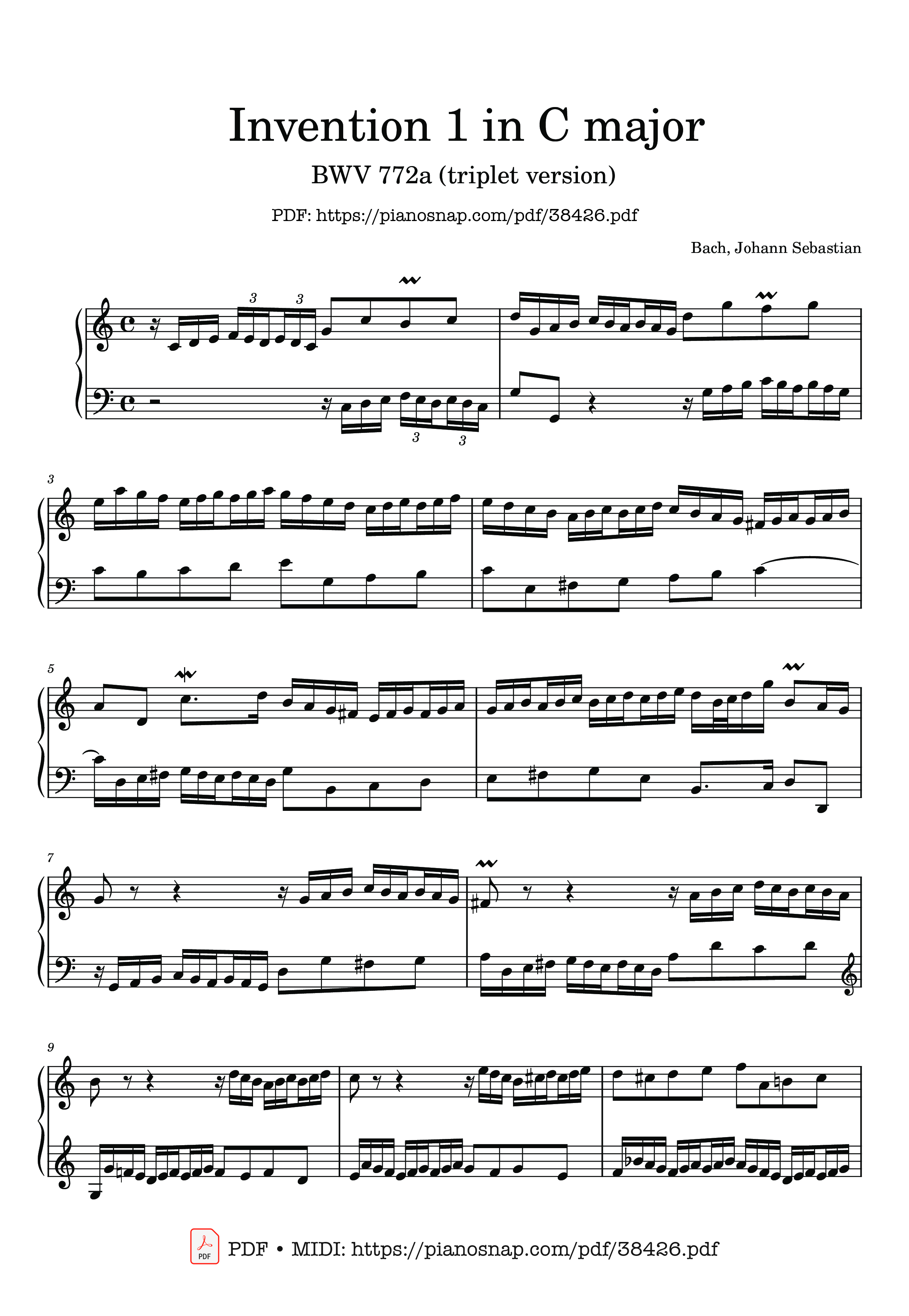 Page 1 of Sheet music PDF Invention 1a in C major BWV 772a (triplet version) - Johann Sebastian Bach