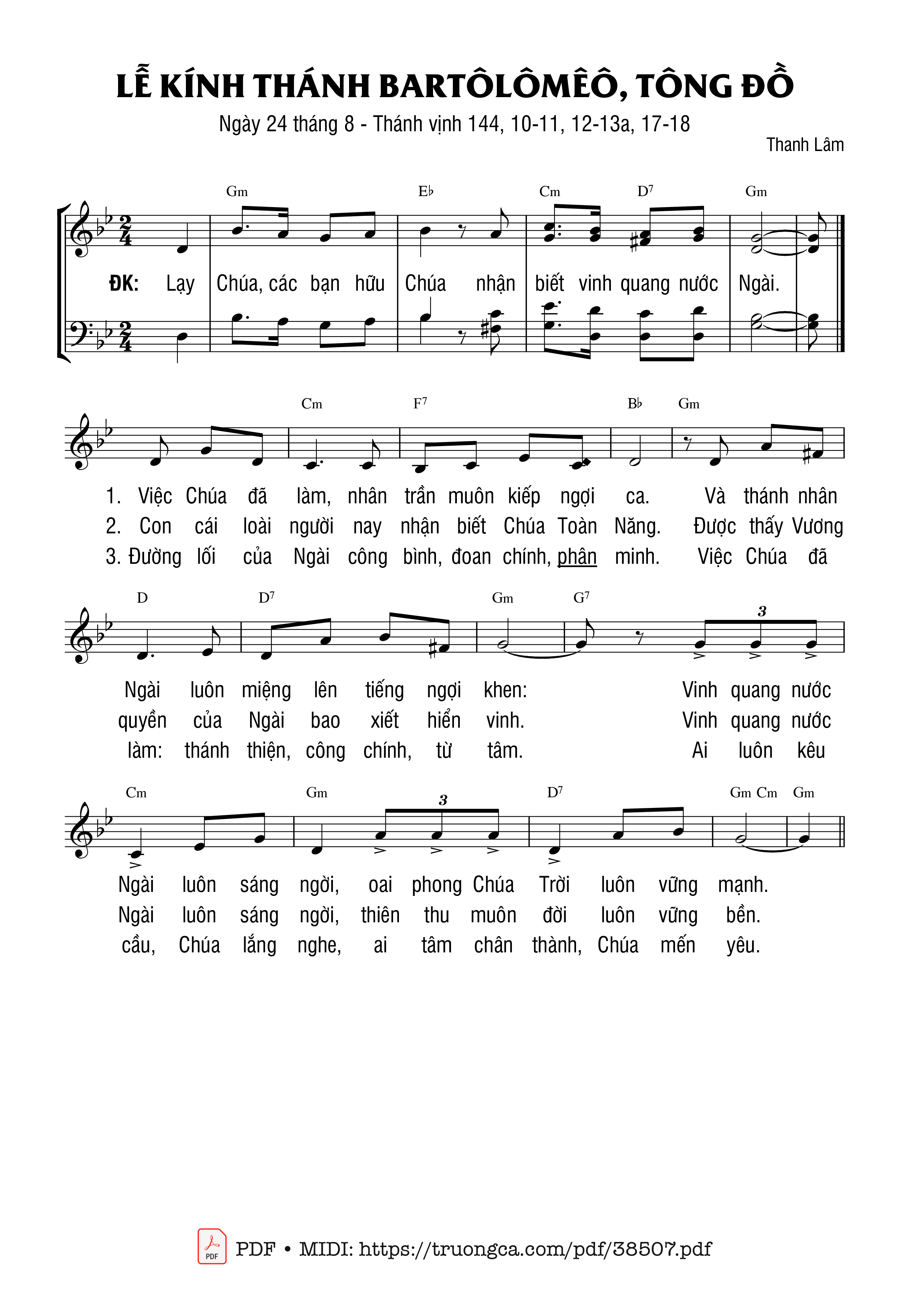 Page 1 of Sheet music PDF Thánh Vịnh 144, Lễ Thánh Batôlômêô Tông Đồ - Thanh Lâm