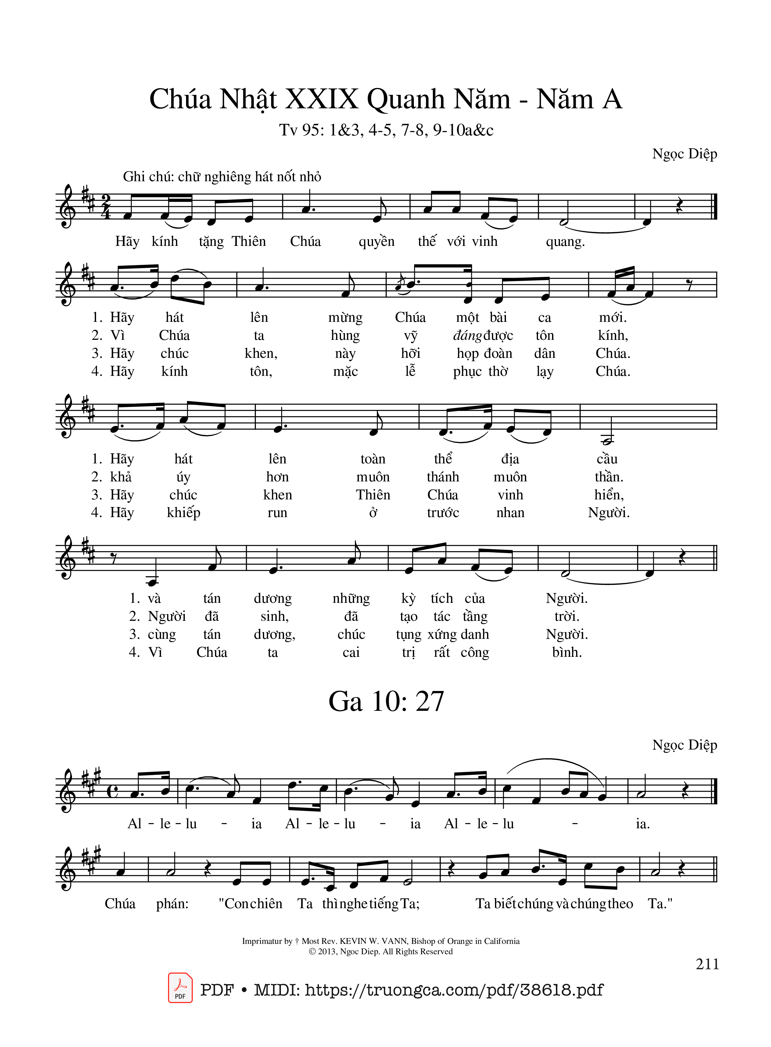 Page 1 of Sheet music PDF Thánh Vịnh 95, Chúa Nhật 29A Thường Niên - Ngọc Diệp