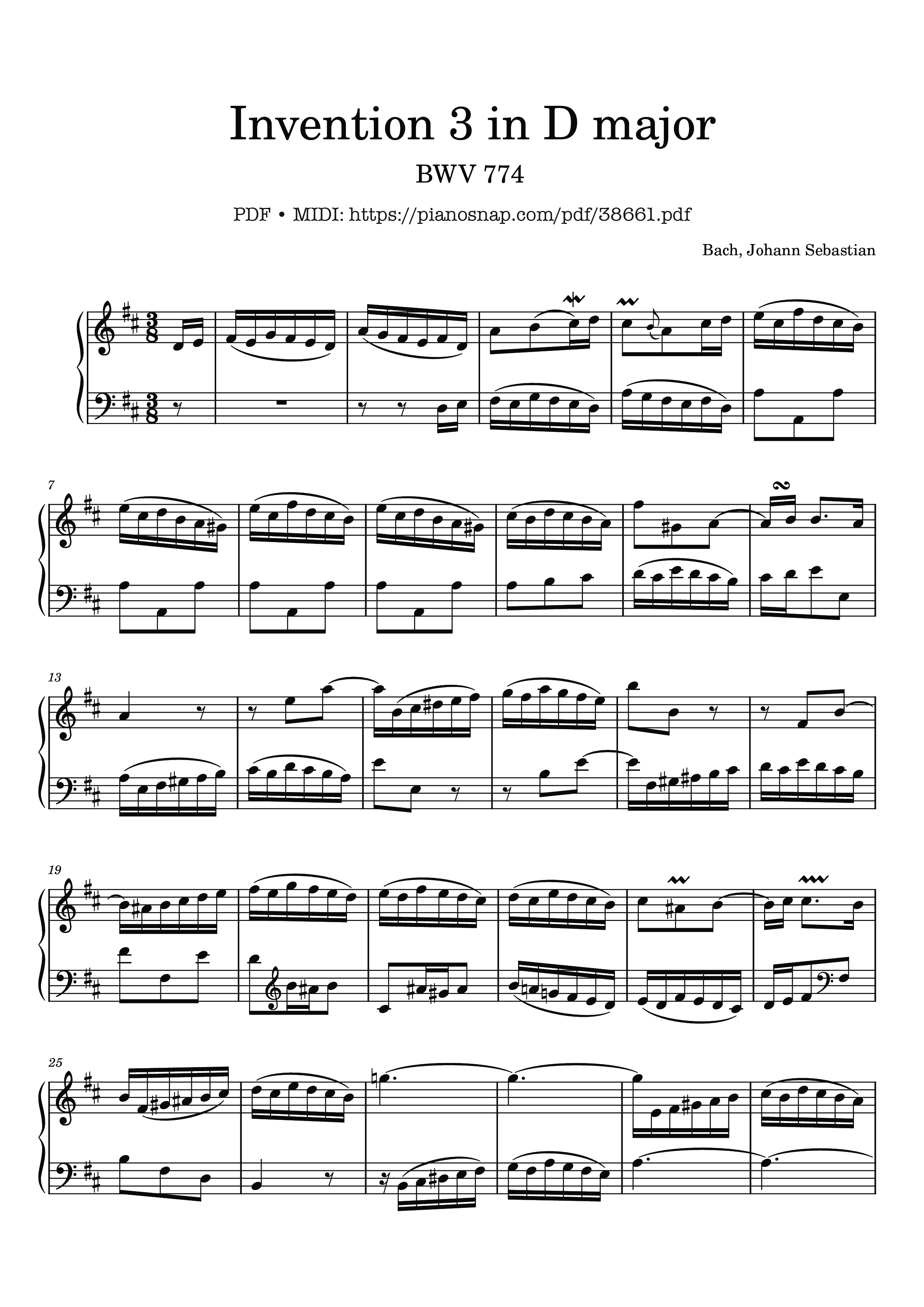Page 1 of Sheet music PDF Invention 3 in D major BWV 774 - Johann Sebastian Bach