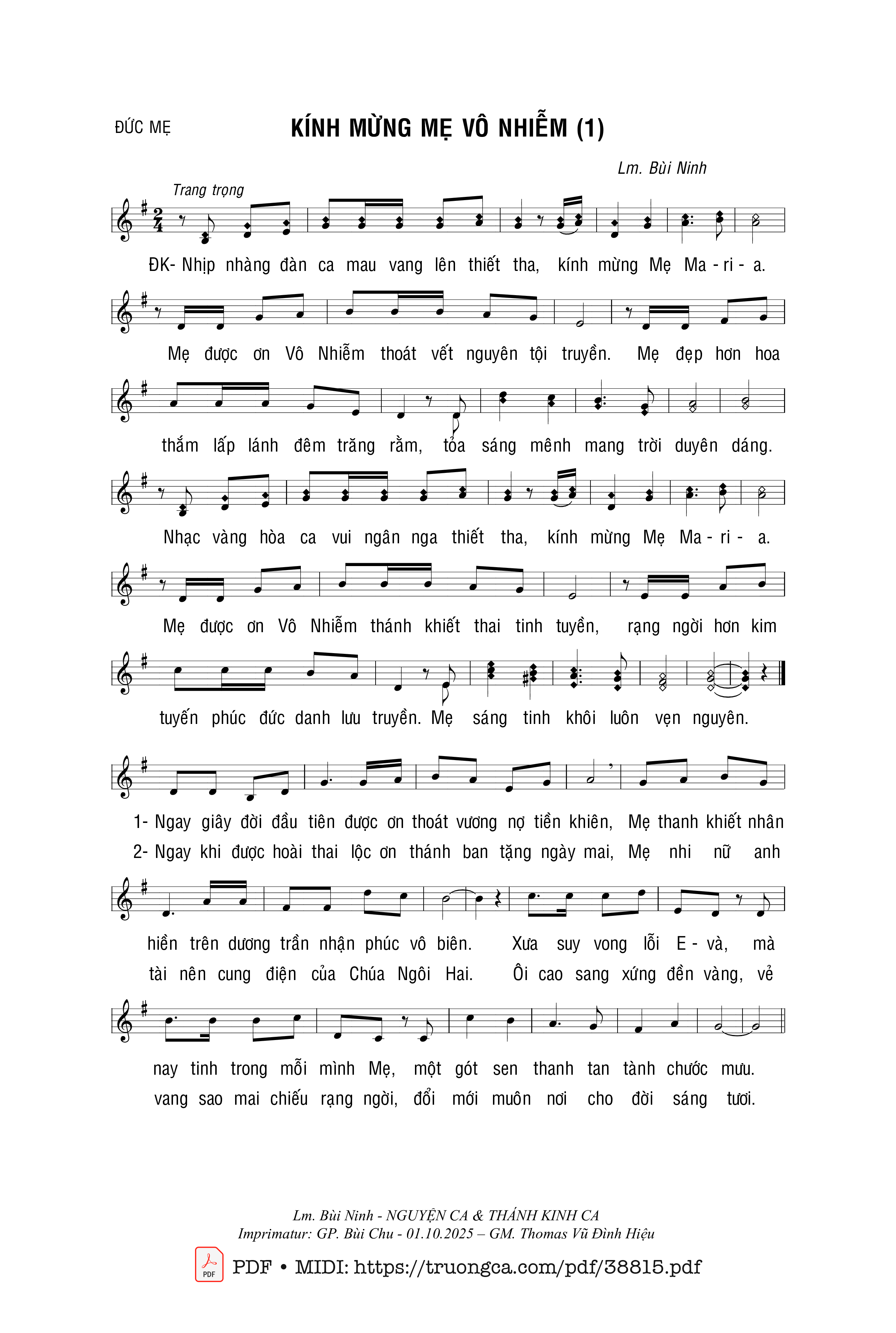 Page 1 of Sheet music PDF Kính Mừng Mẹ Vô Nhiễm - Bùi Ninh