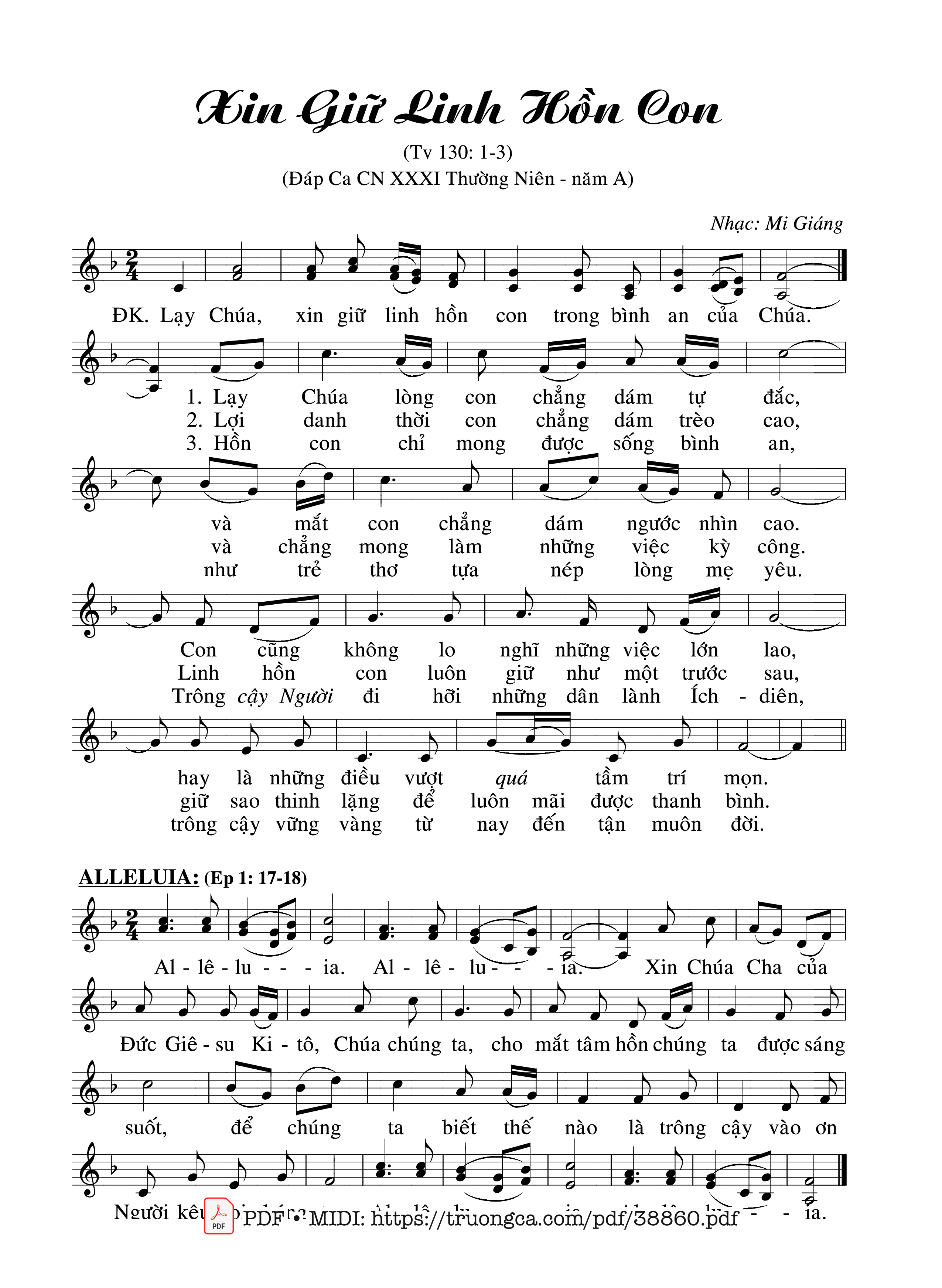 Page 1 of Sheet music PDF Thánh Vịnh 130, Xin Giữ Linh Hồn Con - Mi Giáng