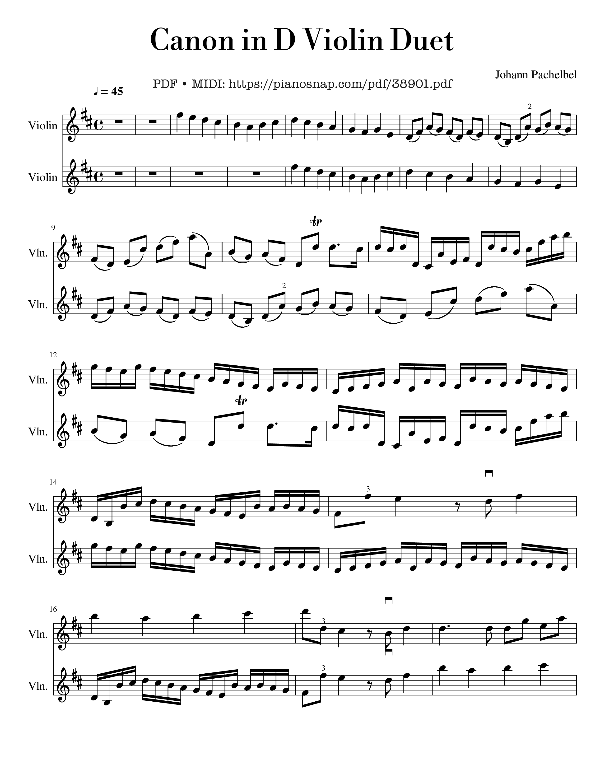 Page 1 of Sheet music PDF Canon in D Violin Duet - Johann Pachelbel